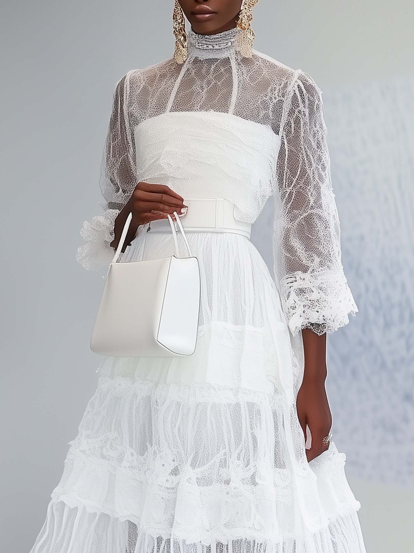 White Maxi Dress With Lace Mesh Stitching
