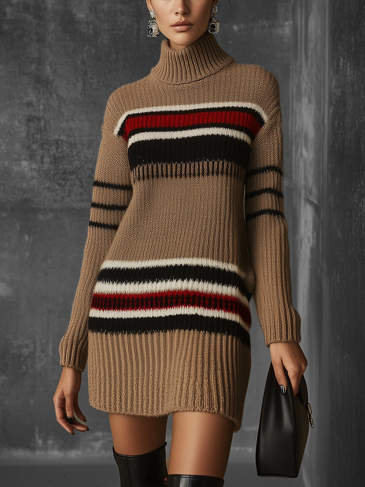Camel Knit Turtleneck Sweater Dress With Bold Striped Detail