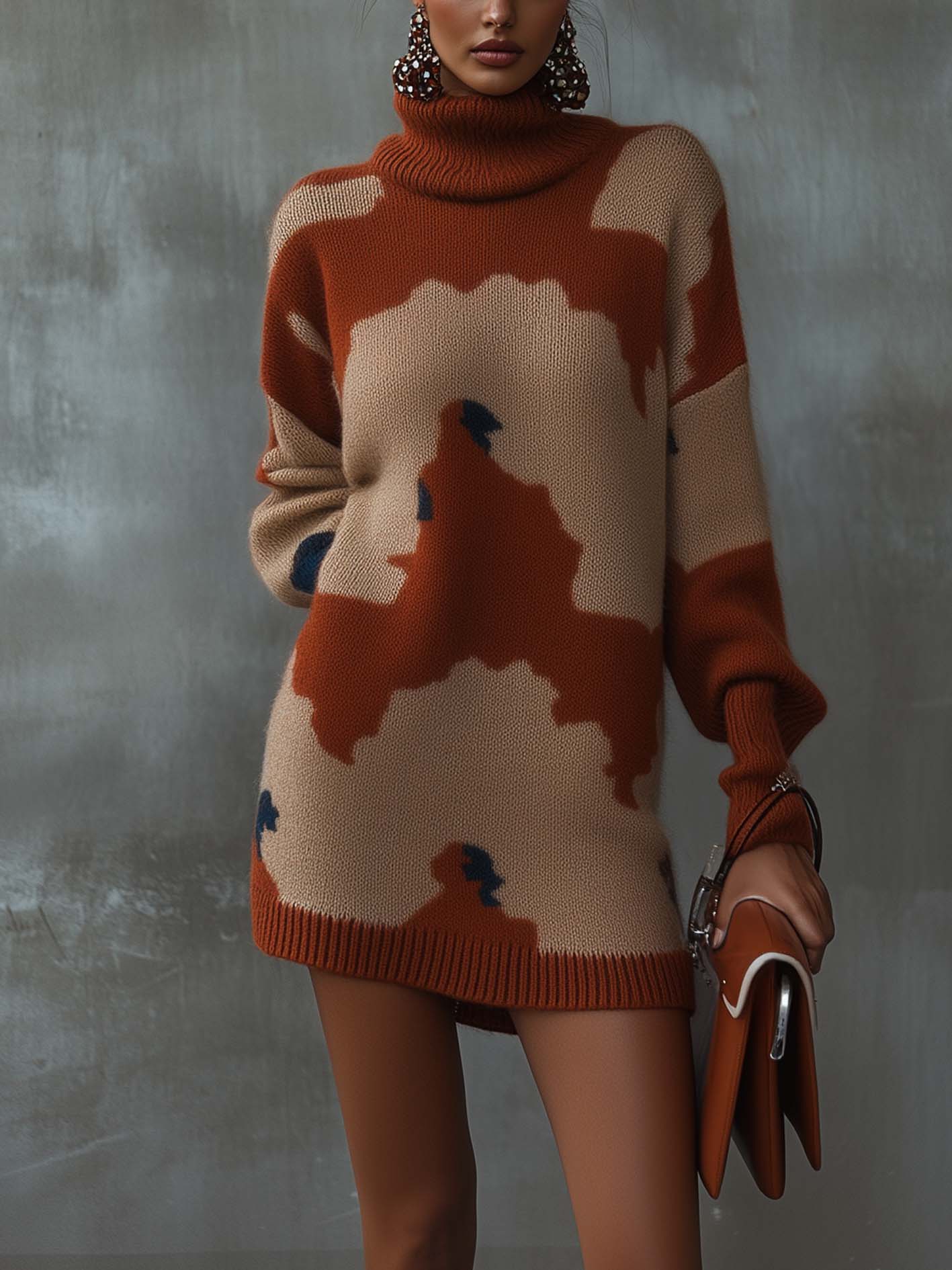 Camel Knitted Mini Dress With Orange Abstract Print