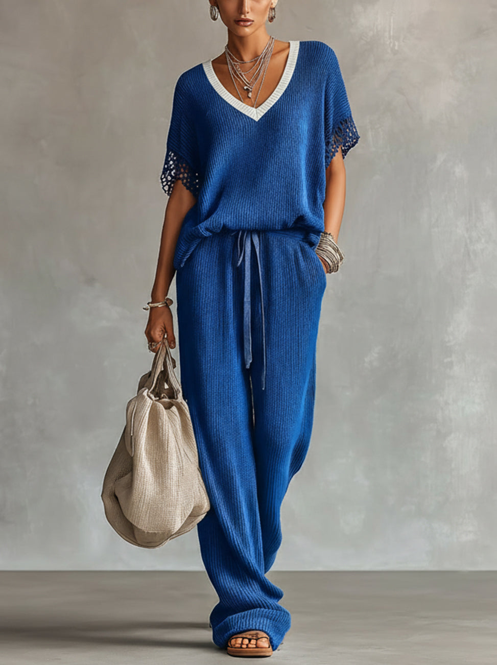 Blue Knit Lounge Set With Crochet Sleeve Detail