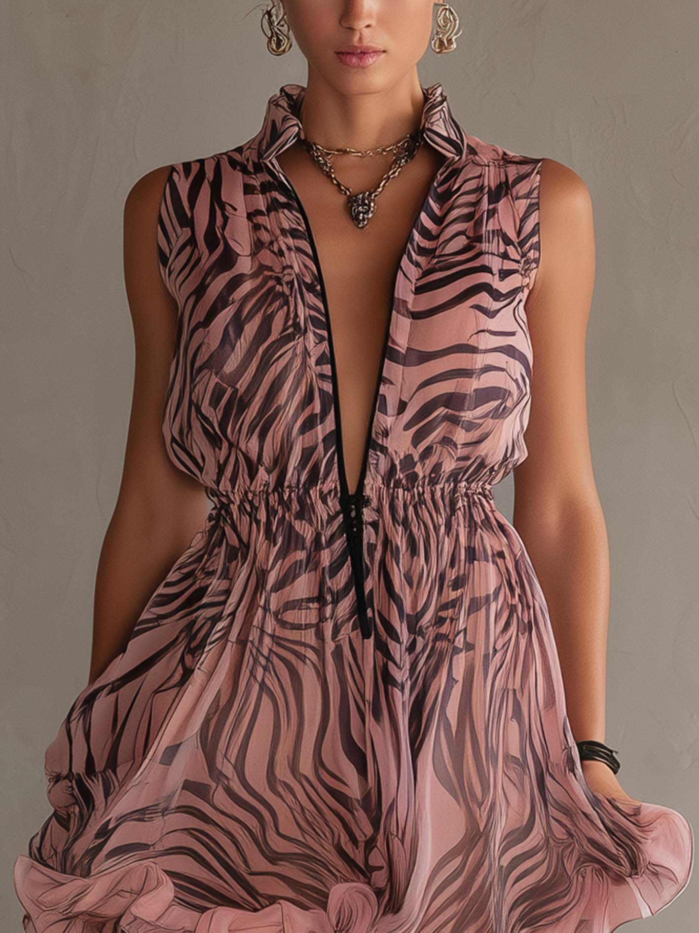 Pink Zebra Print Chiffon Ruffled Mini Dress With Front Zipper
