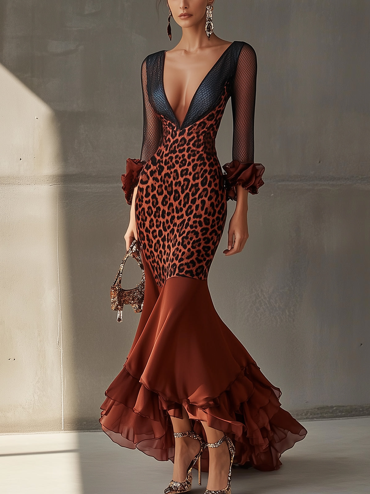 Reddish Brown Leopard Print Mesh Plunge Neck Ruffled Hem Maxi Dress
