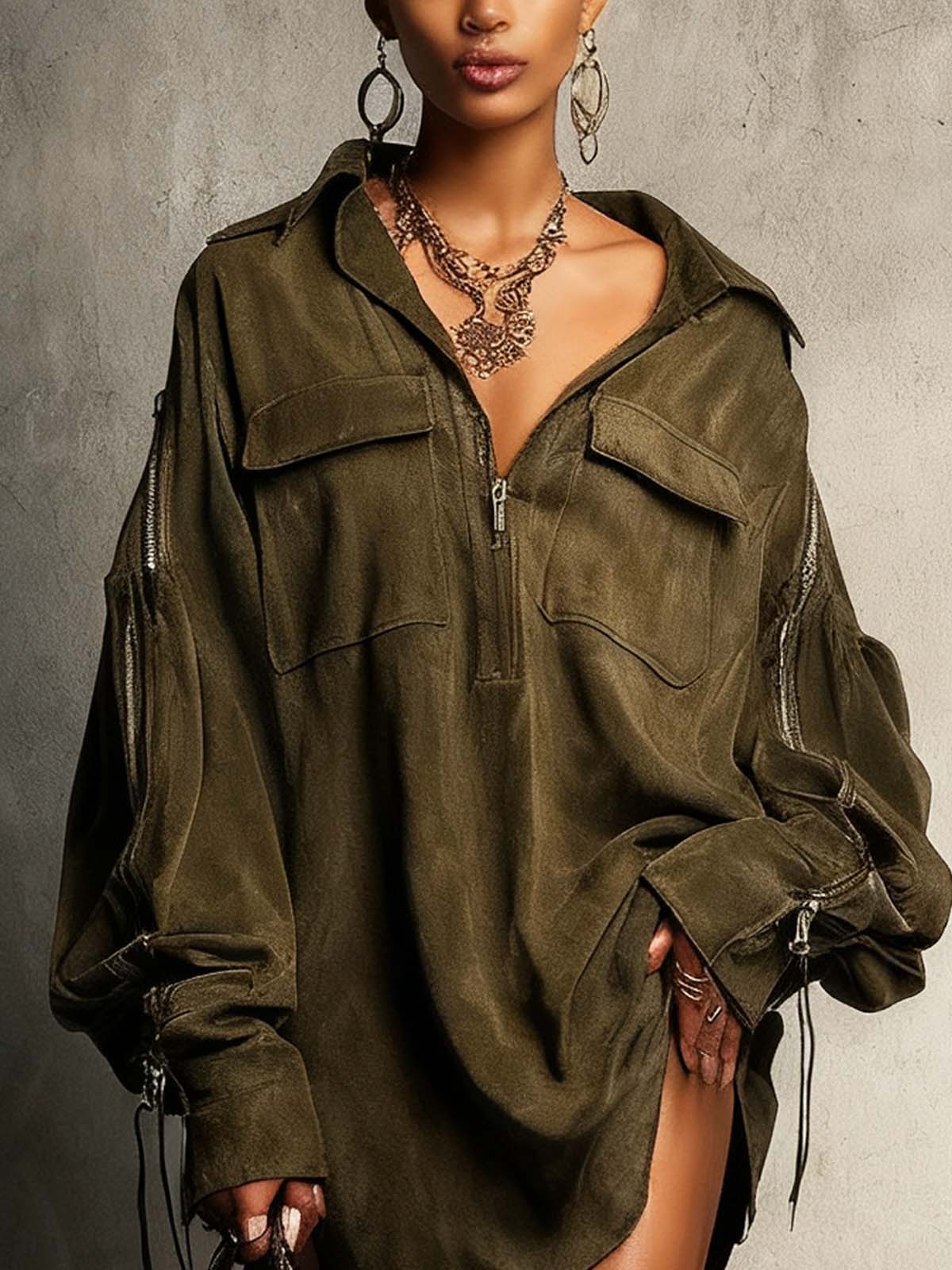 Olive Green Faux Suede Dress With Patch Pockets