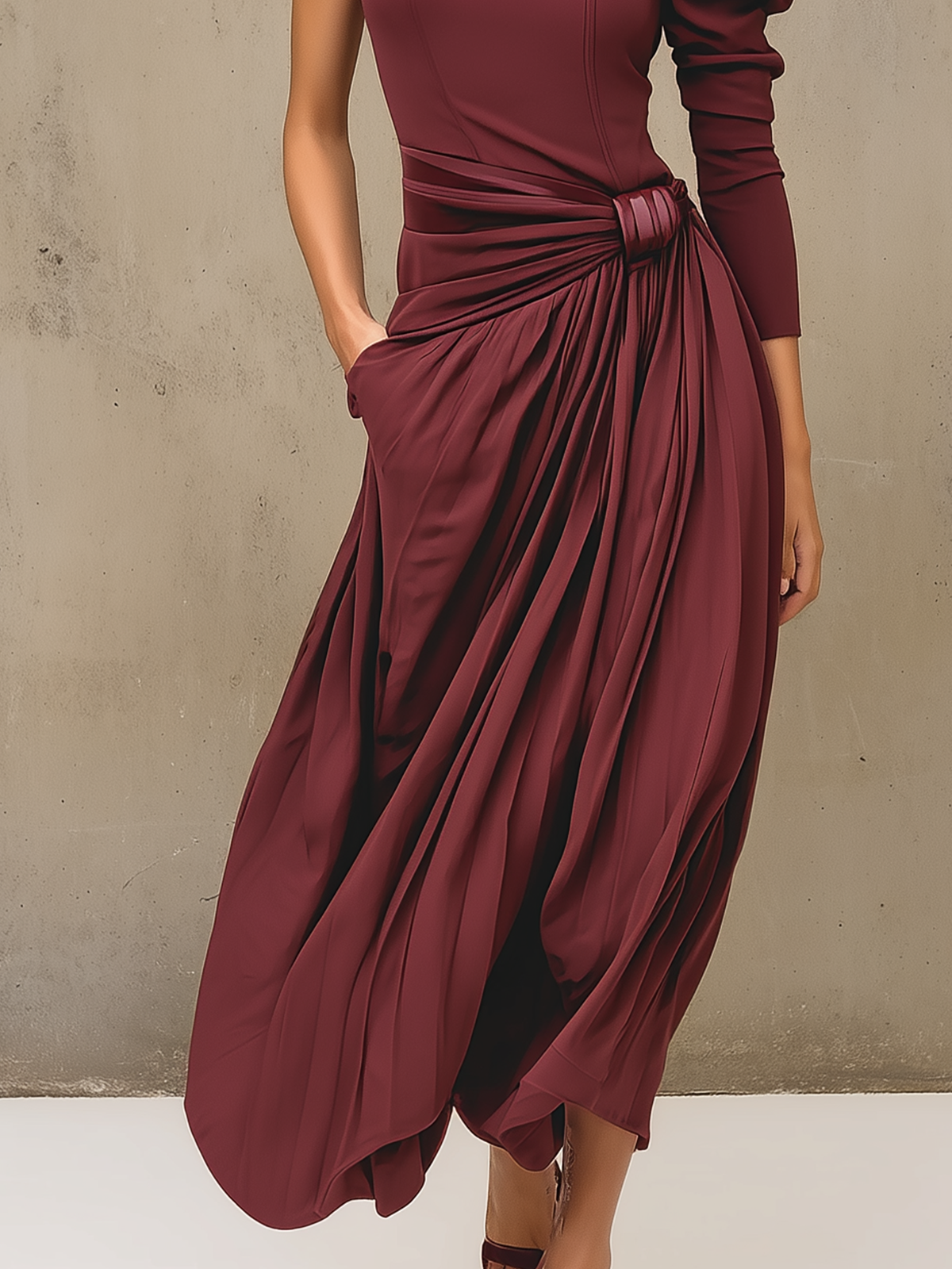 Red Draped One-Shoulder Puff Sleeve Maxi Dress