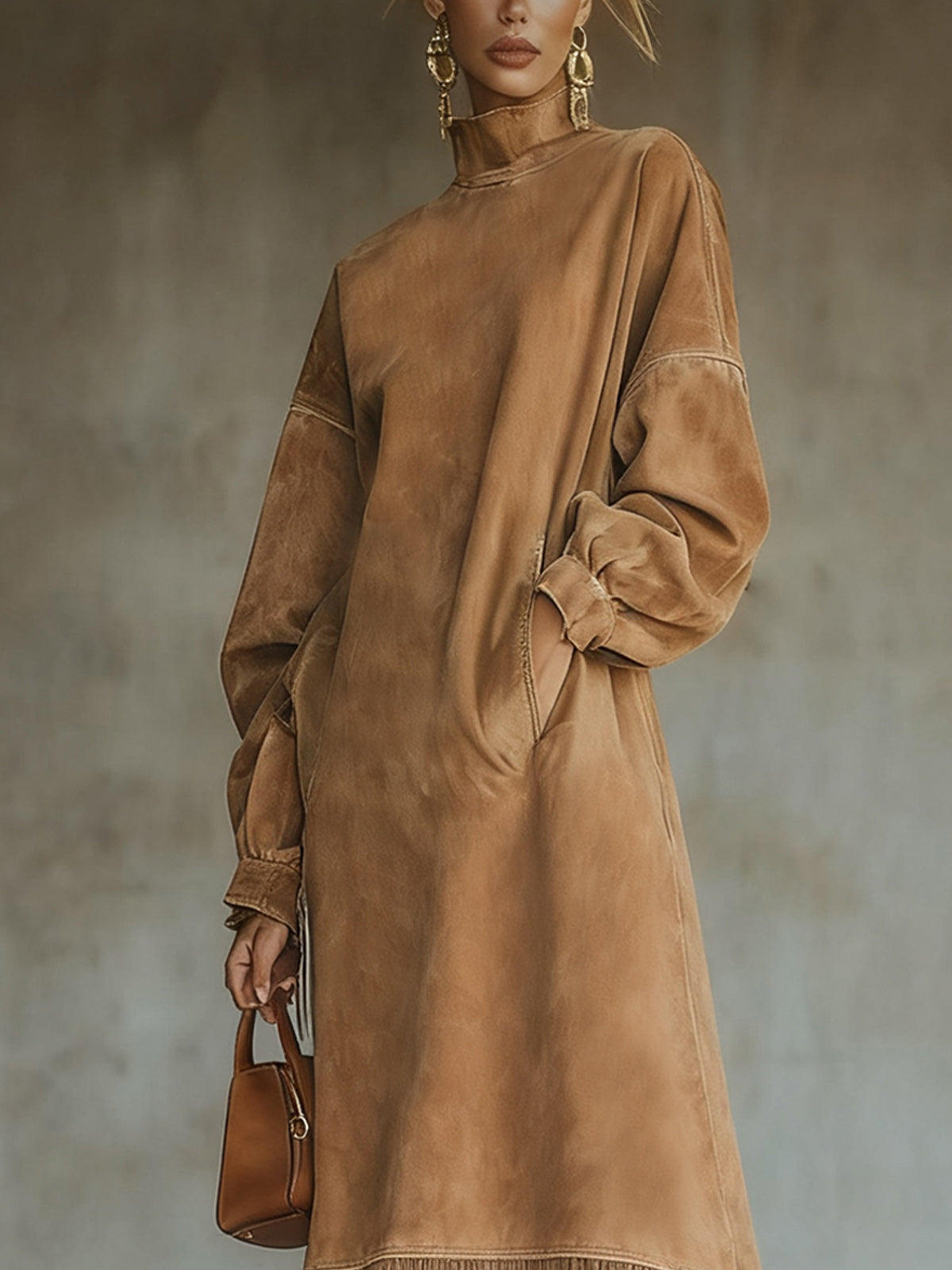 Khaki Square Suede Turtleneck Long Dress With Fringed Hem