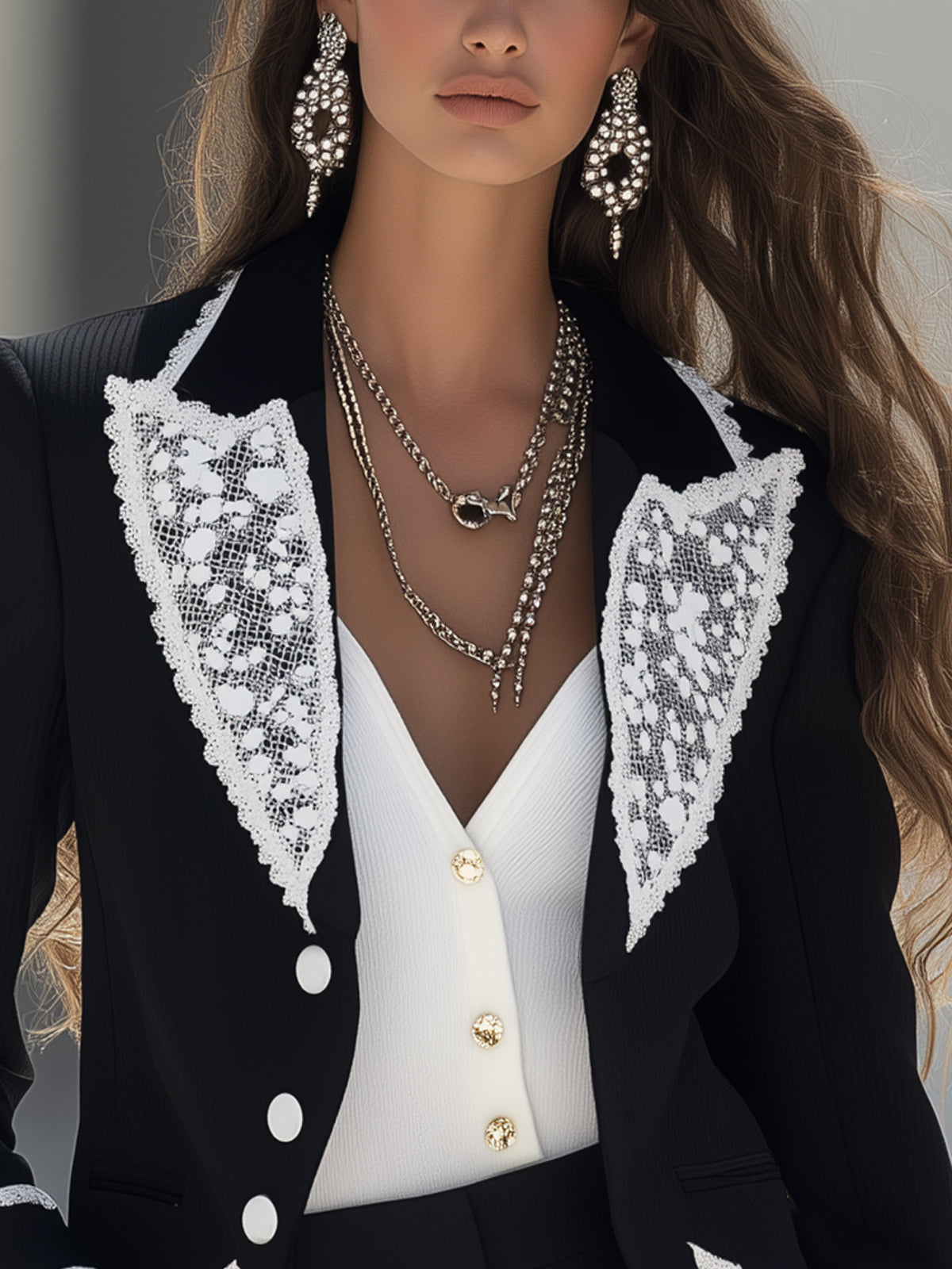 Elegant Black Tailored Blazer With White Lace Detailing