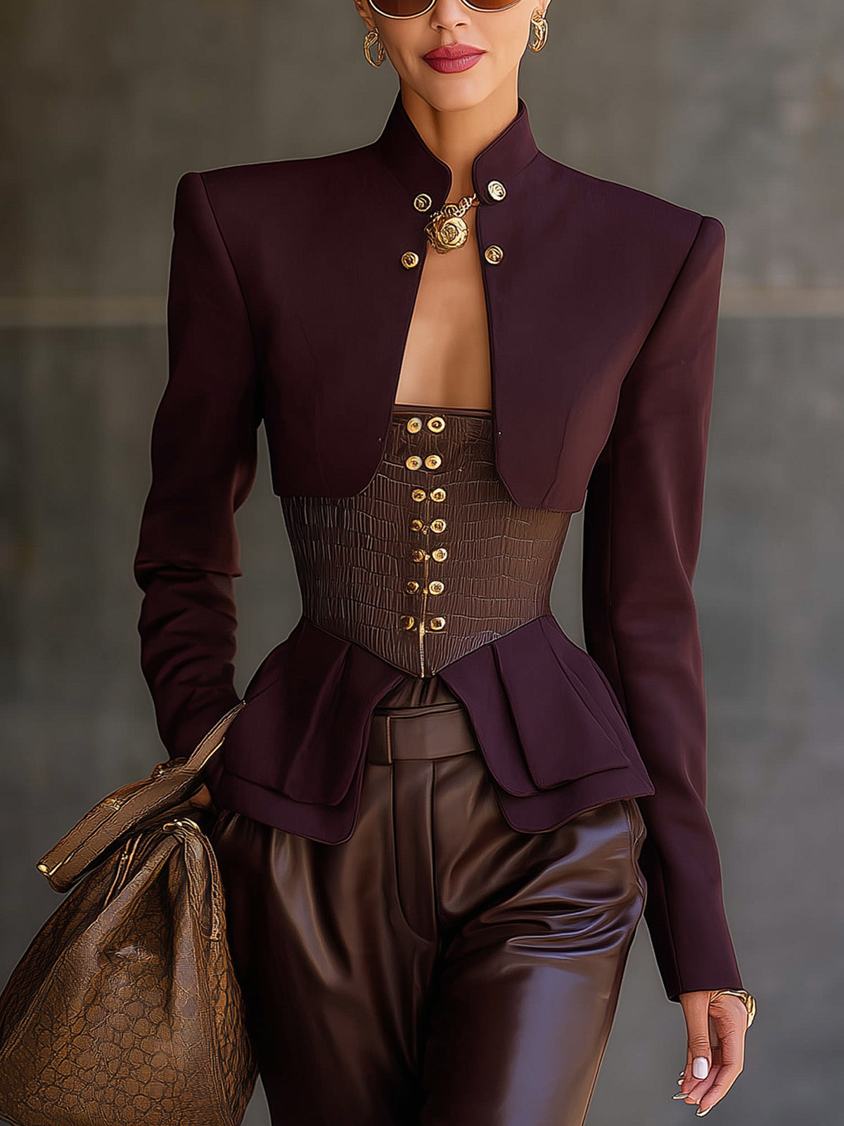 Plum Structured Workshop Set With Concealed Metal Buttons
