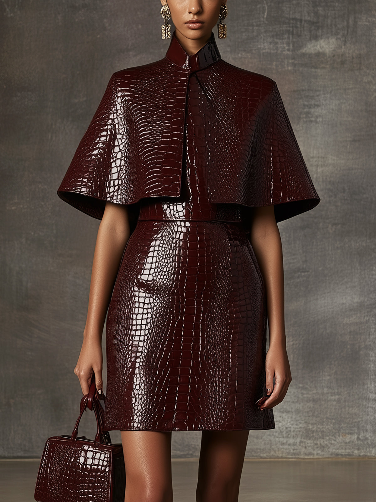 Burgundy Croc-Embossed Faux Leather Cape Dress