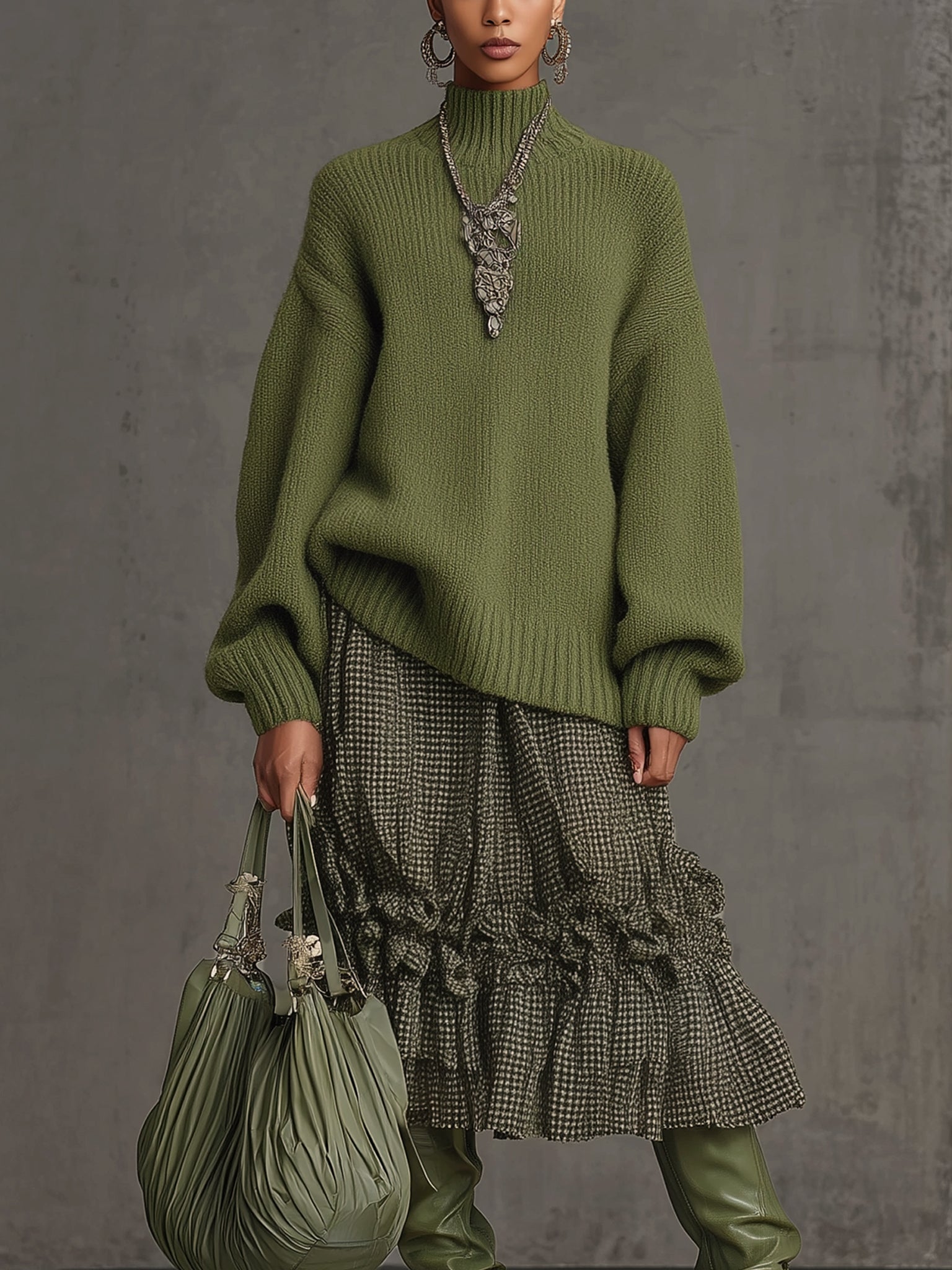 Olive Green Loose Fitting Long Sleeve Knit Sweater And Plaid Skirt Set