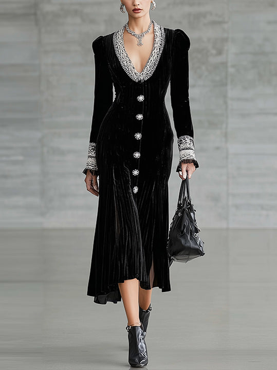 Black Velvet Button-Front Midi Dress