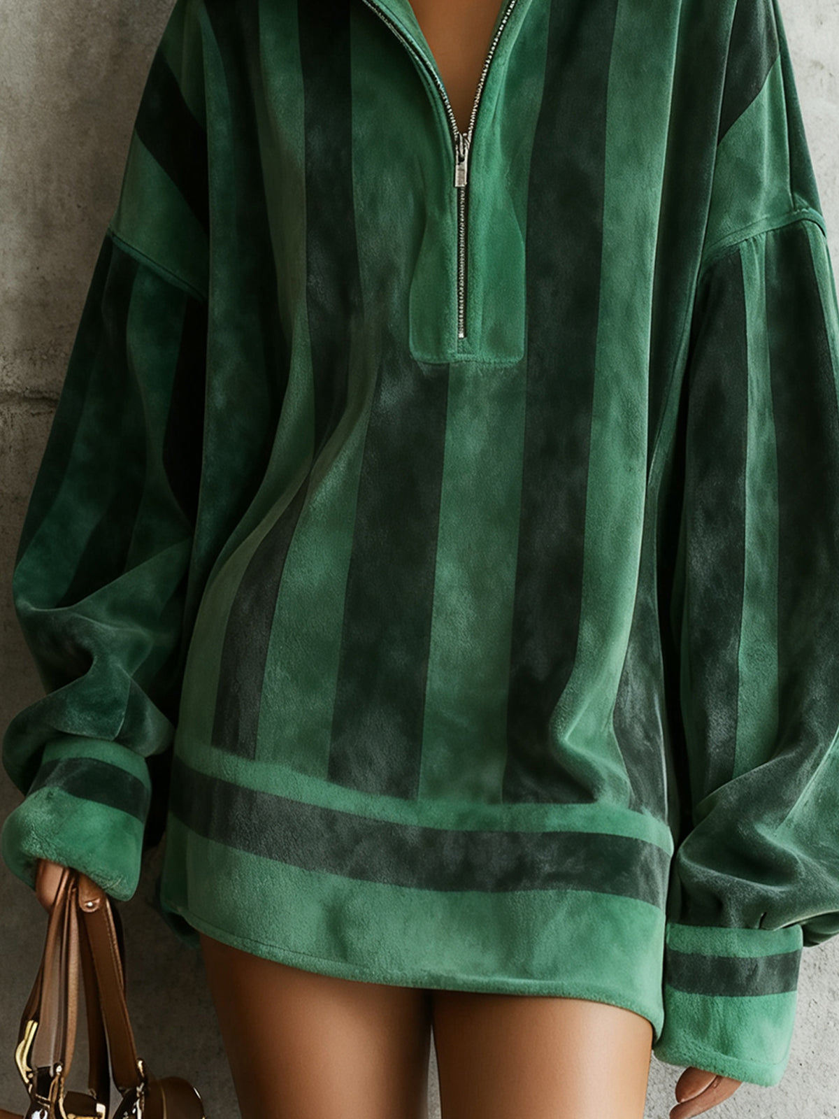Green Striped Zip-Up Velvet Mini Dress