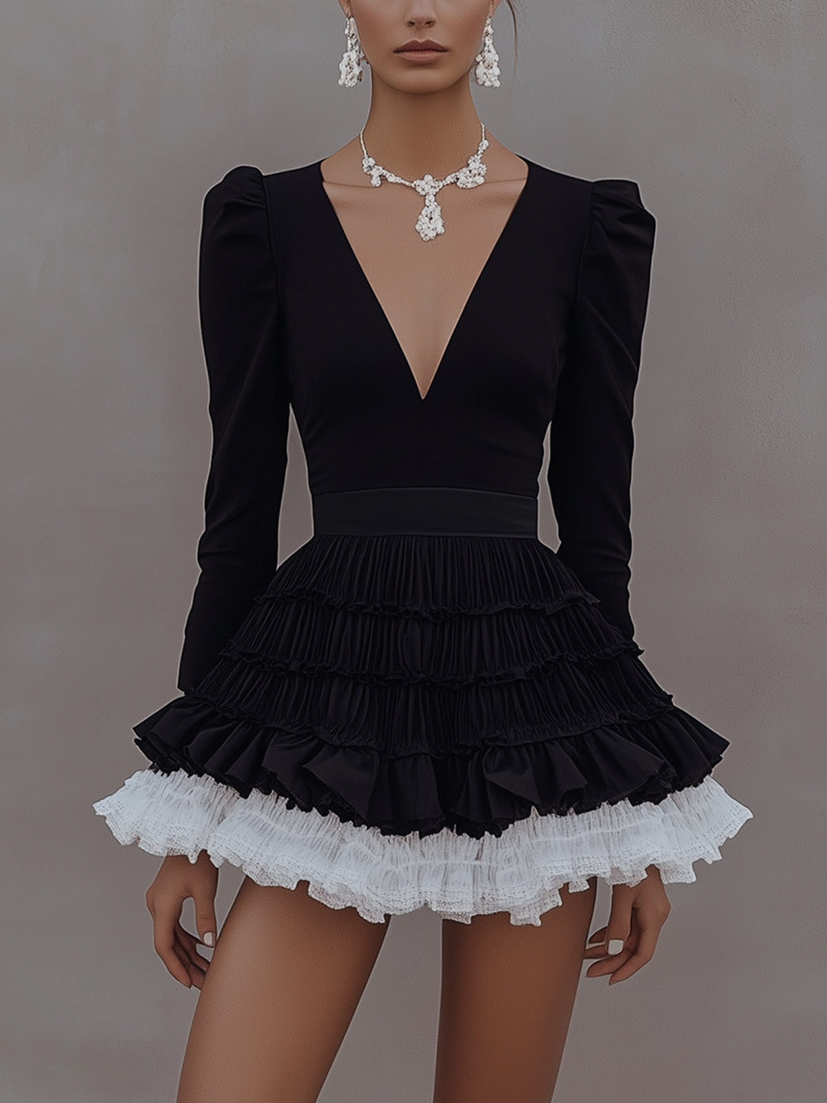 Black Suede And White Ruffle V-Neck Mini Dress