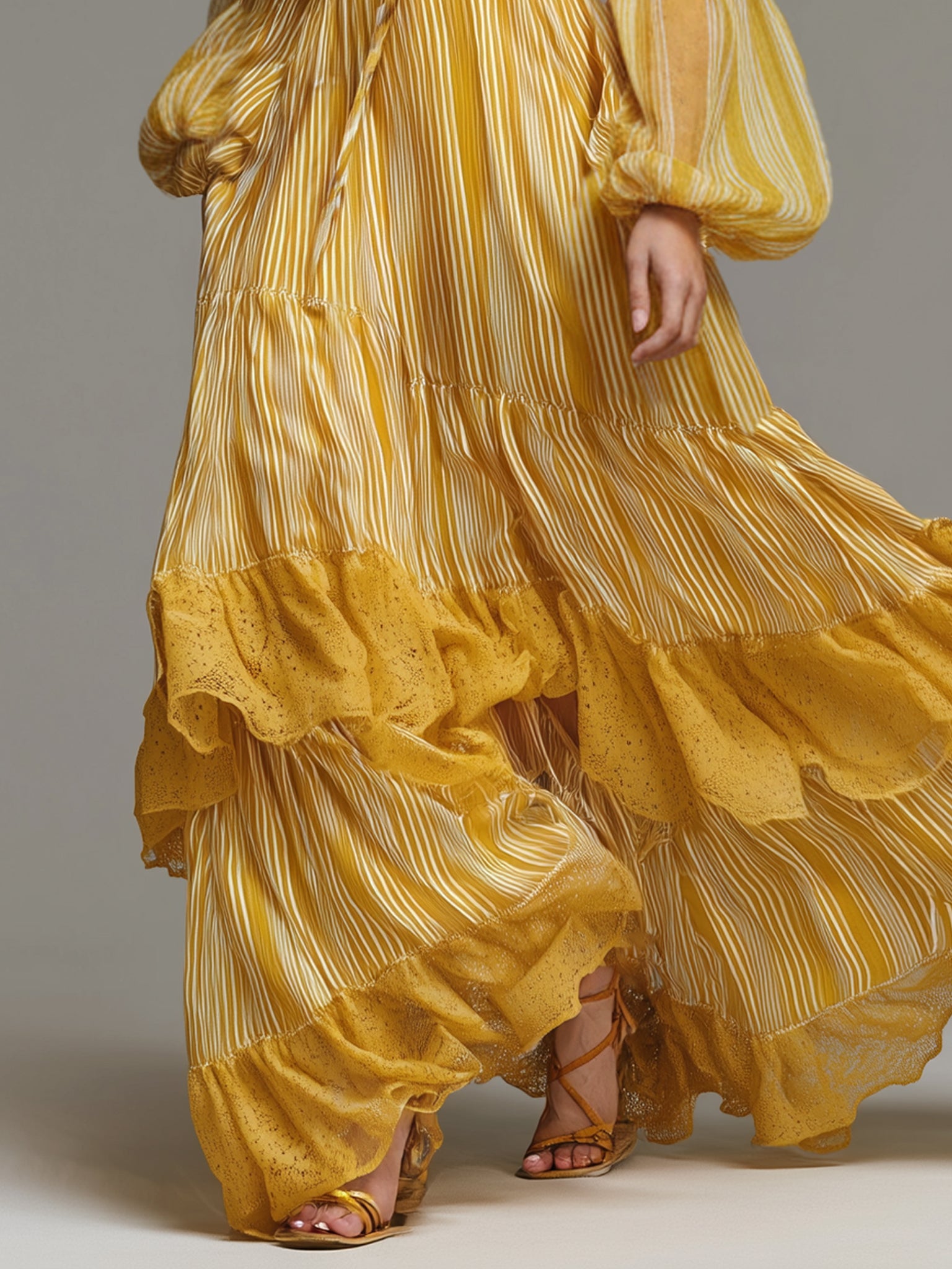 Yellow Striped Off Shoulder Chiffon Maxi Dress