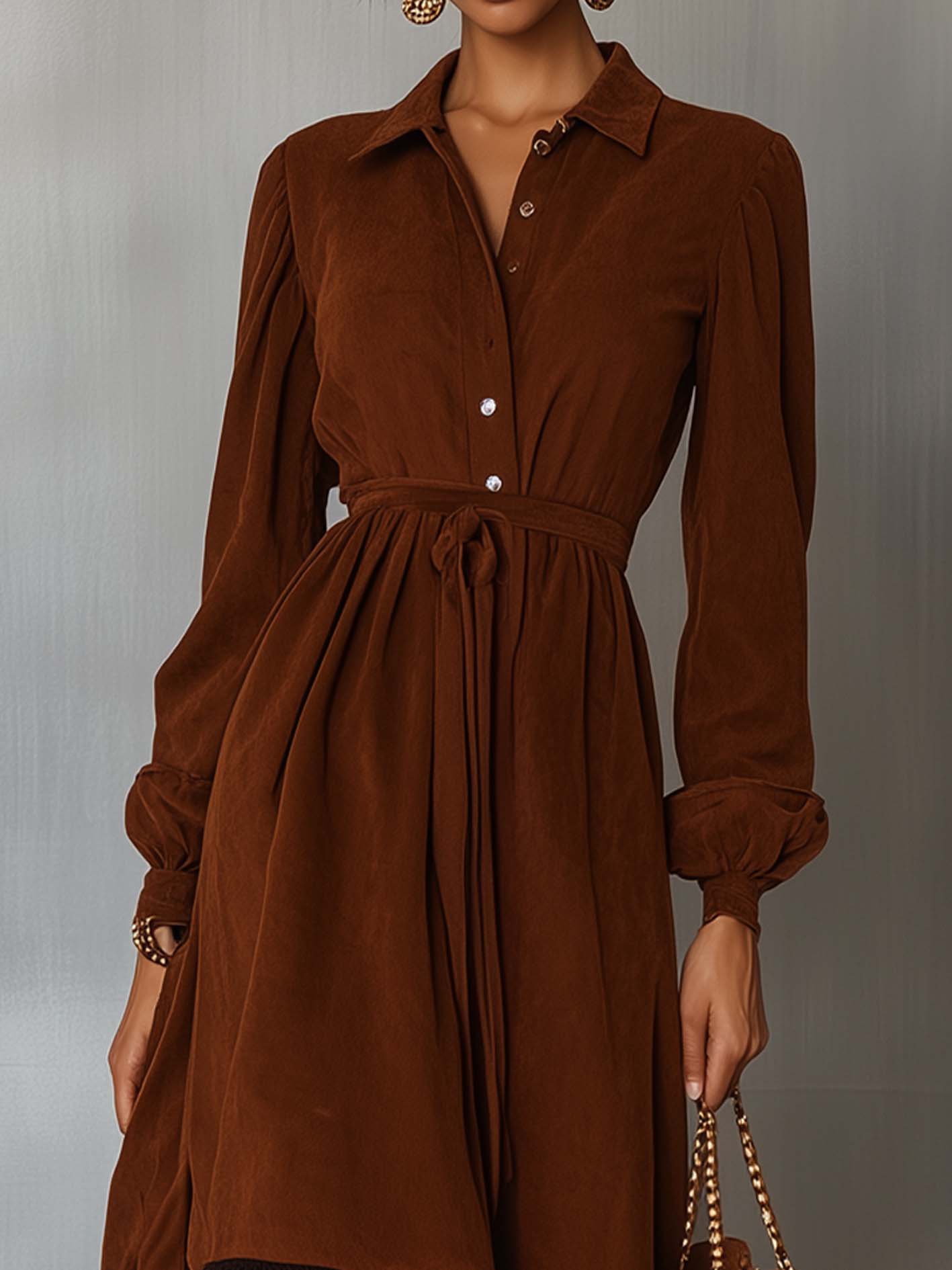 Brown Faux Suede Midi Dress With Irregular Hem And Lace Stitching
