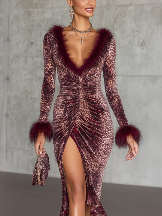Burgundy Leopard Velvet Ruched Midi Dress With Feather Trim