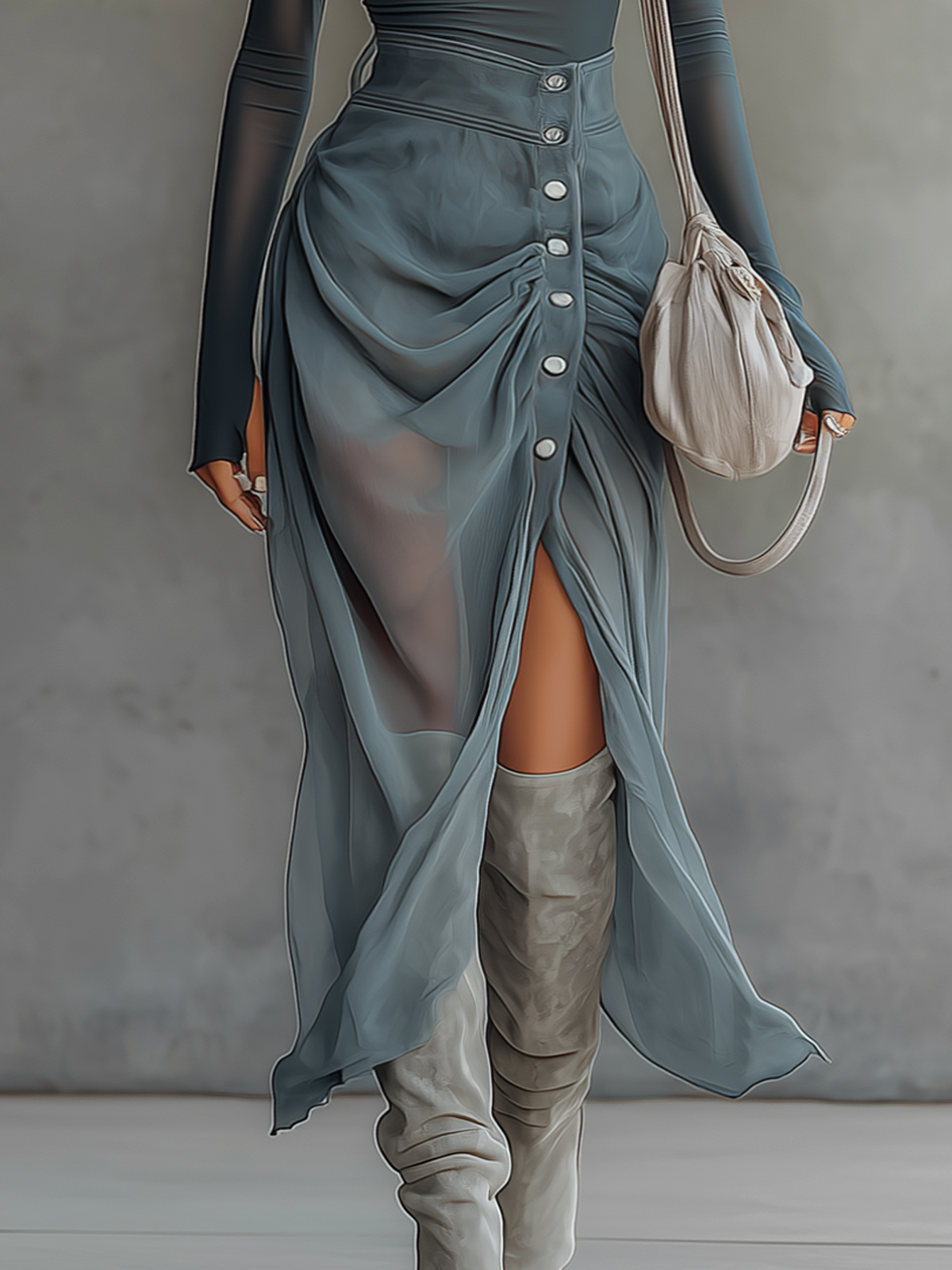 Blue Stretch Knit Chiffon Off-shoulder Maxi Dress With Slit Hem