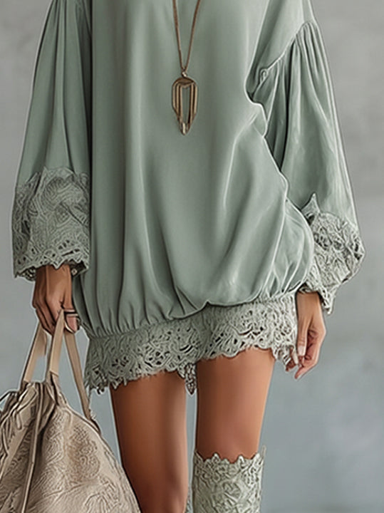 Green Lace-Trim Velvet Mini Dress