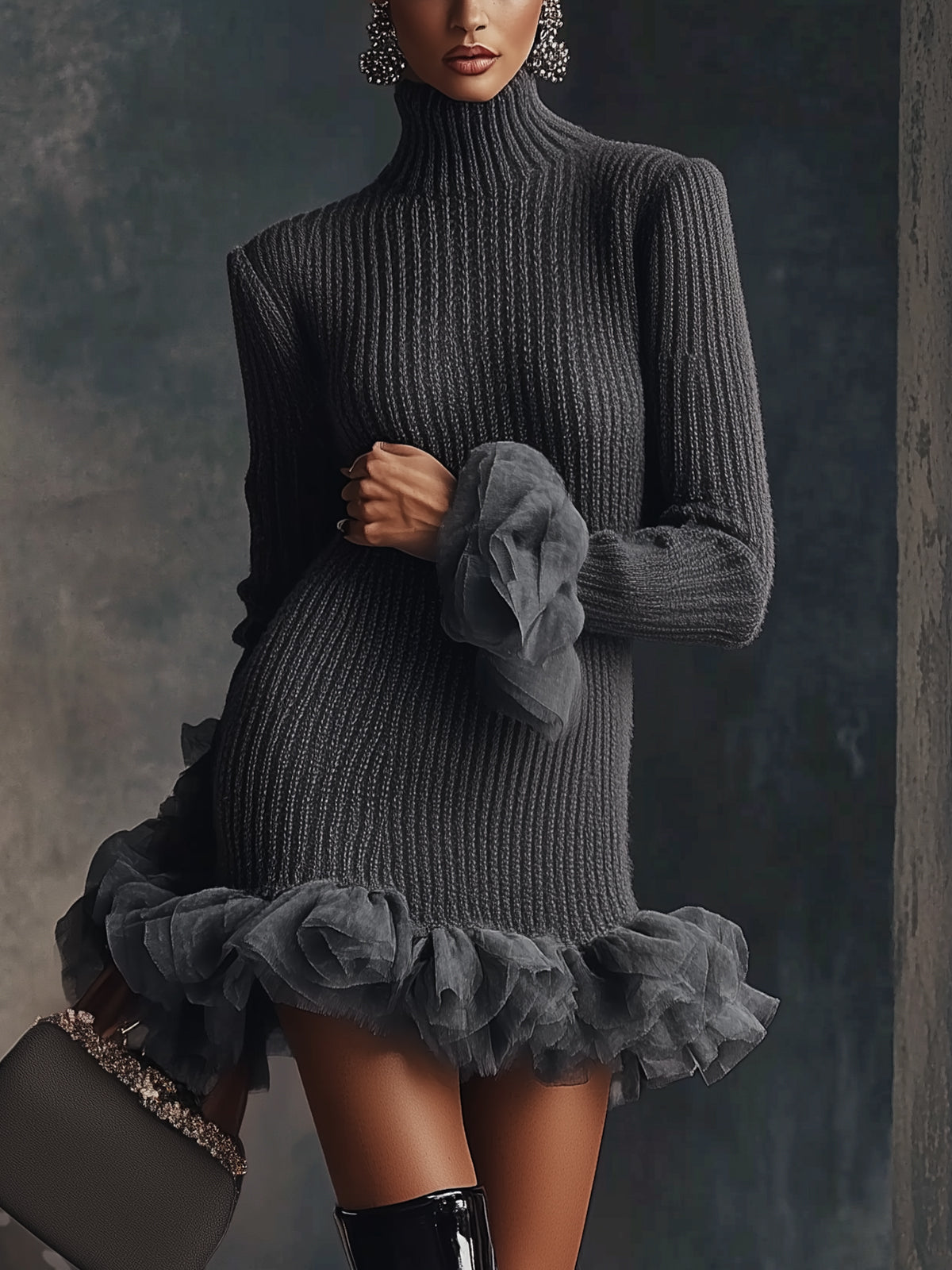 Gray High-neck Knit Dress With Ruffled Hem And Cuffs