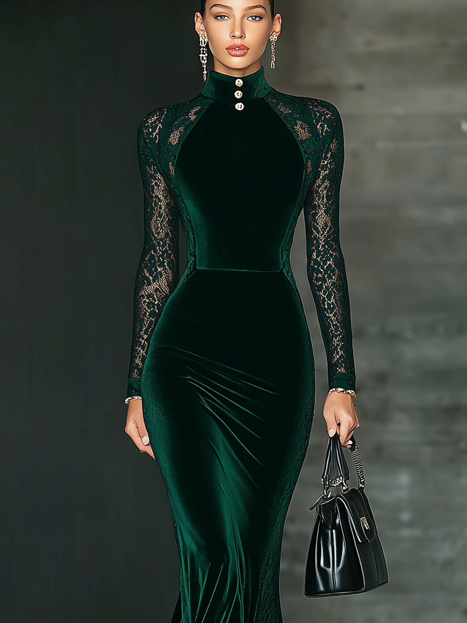 Emerald Velvet Lace High Neck Long Sleeve Maxi Dress