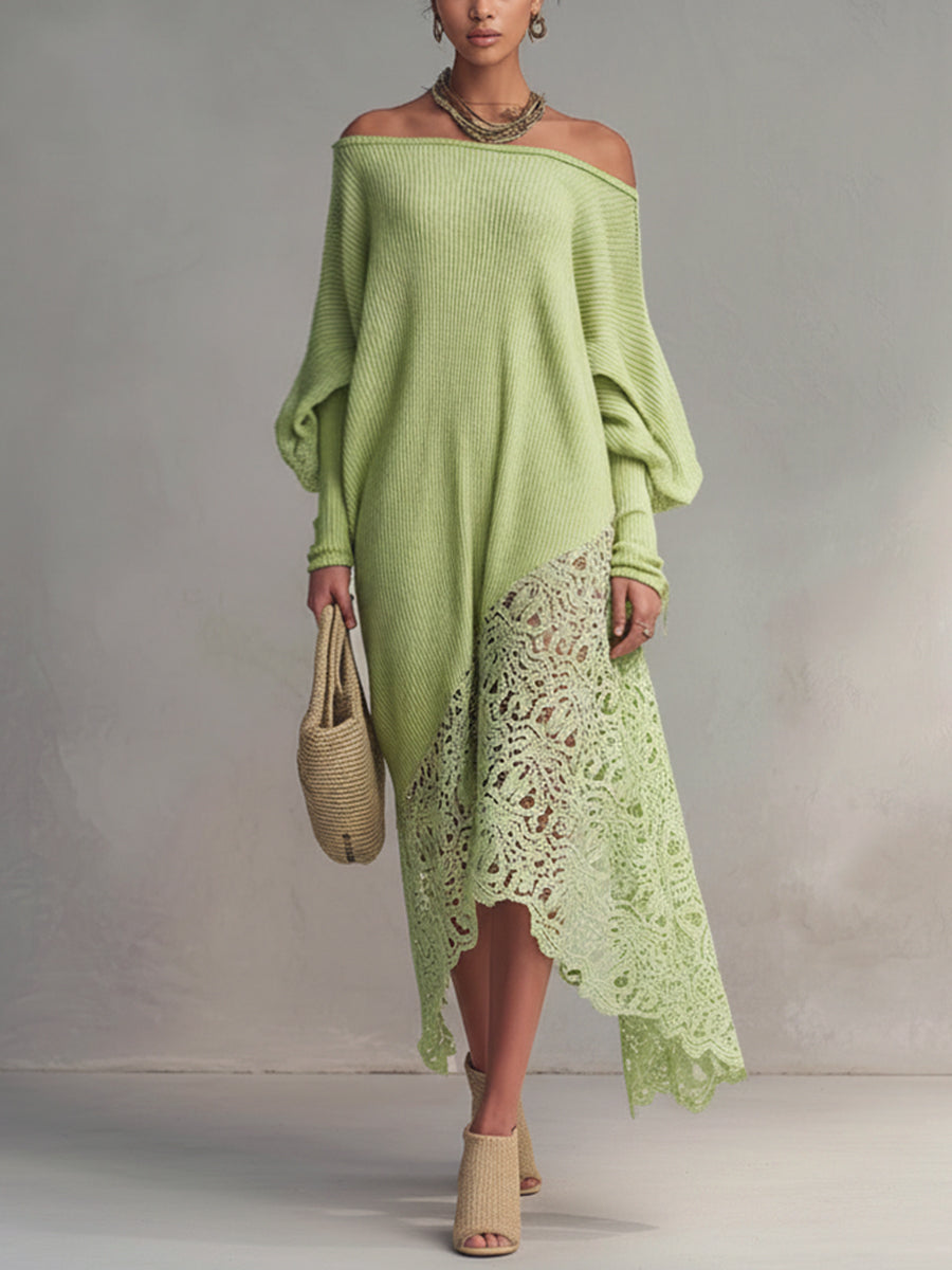 Green Off Shoulder Knitted Lace Long Sleeve Maxi Dress