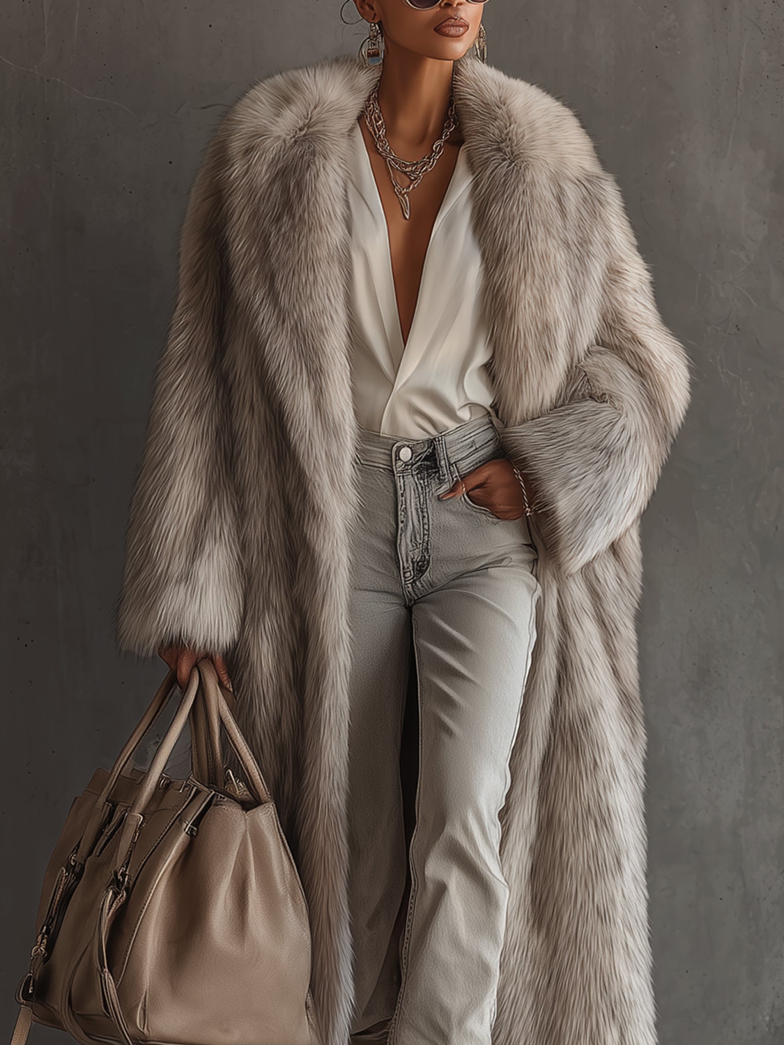 Gray Gradient Faux Fox Fur Eco Friendly Coat