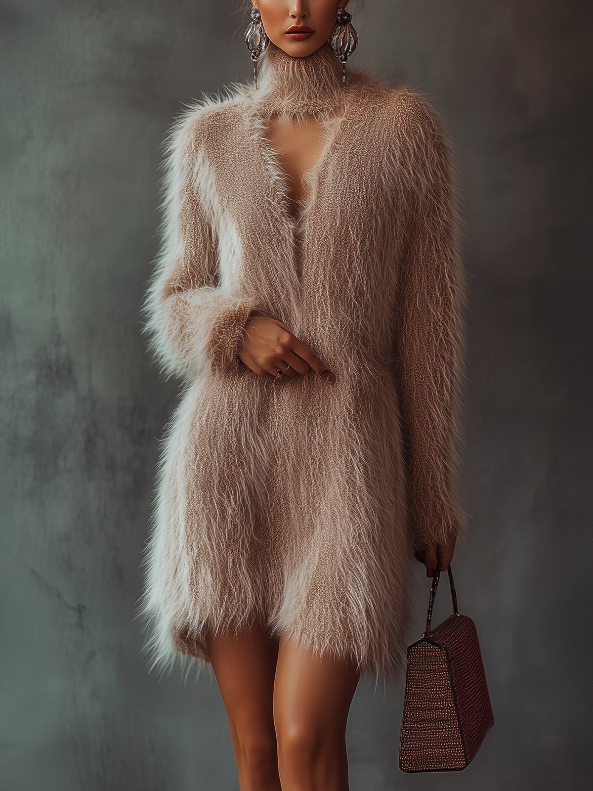 Pink Fuzzy Knit Dress With High Collar And Fluffy Texture