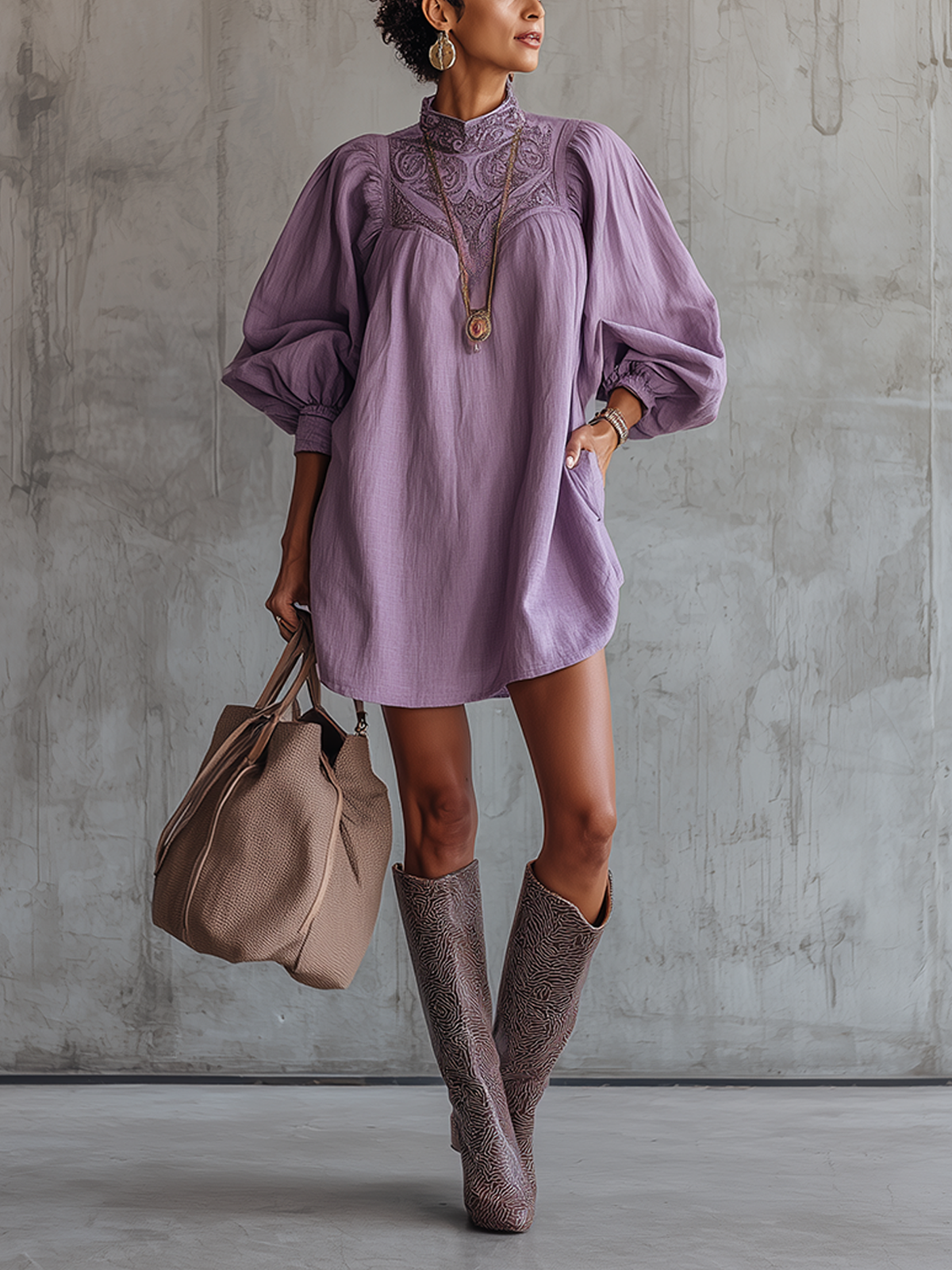 Purple Embroidered High-Neck Puff Sleeve Mini Dress