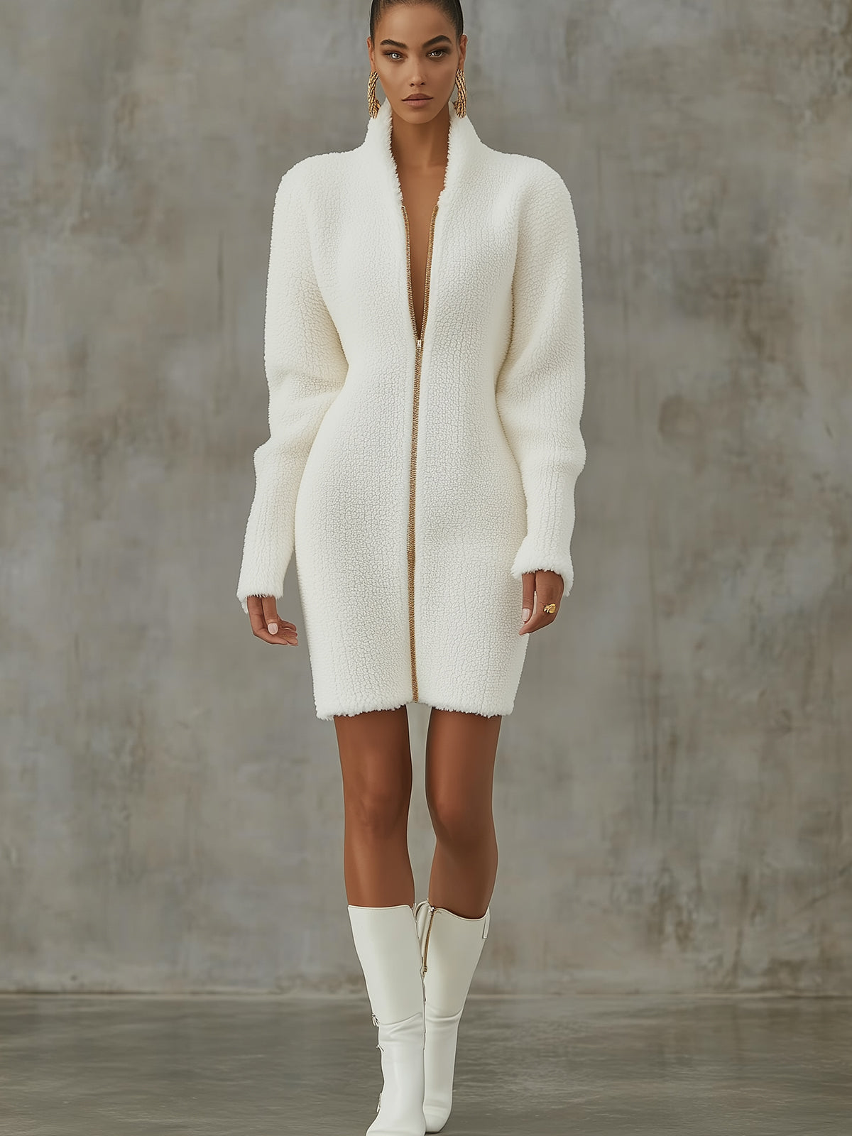 White Lambswool Zip-Front Dress