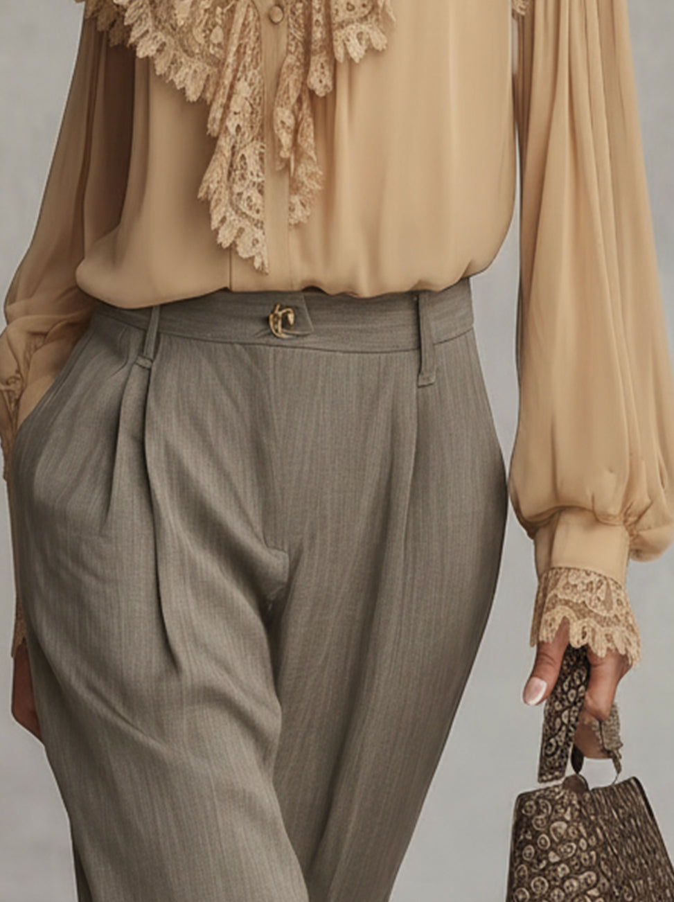 Champagne Lace-Trim Ruffled V-Neck Long-Sleeve Blouse