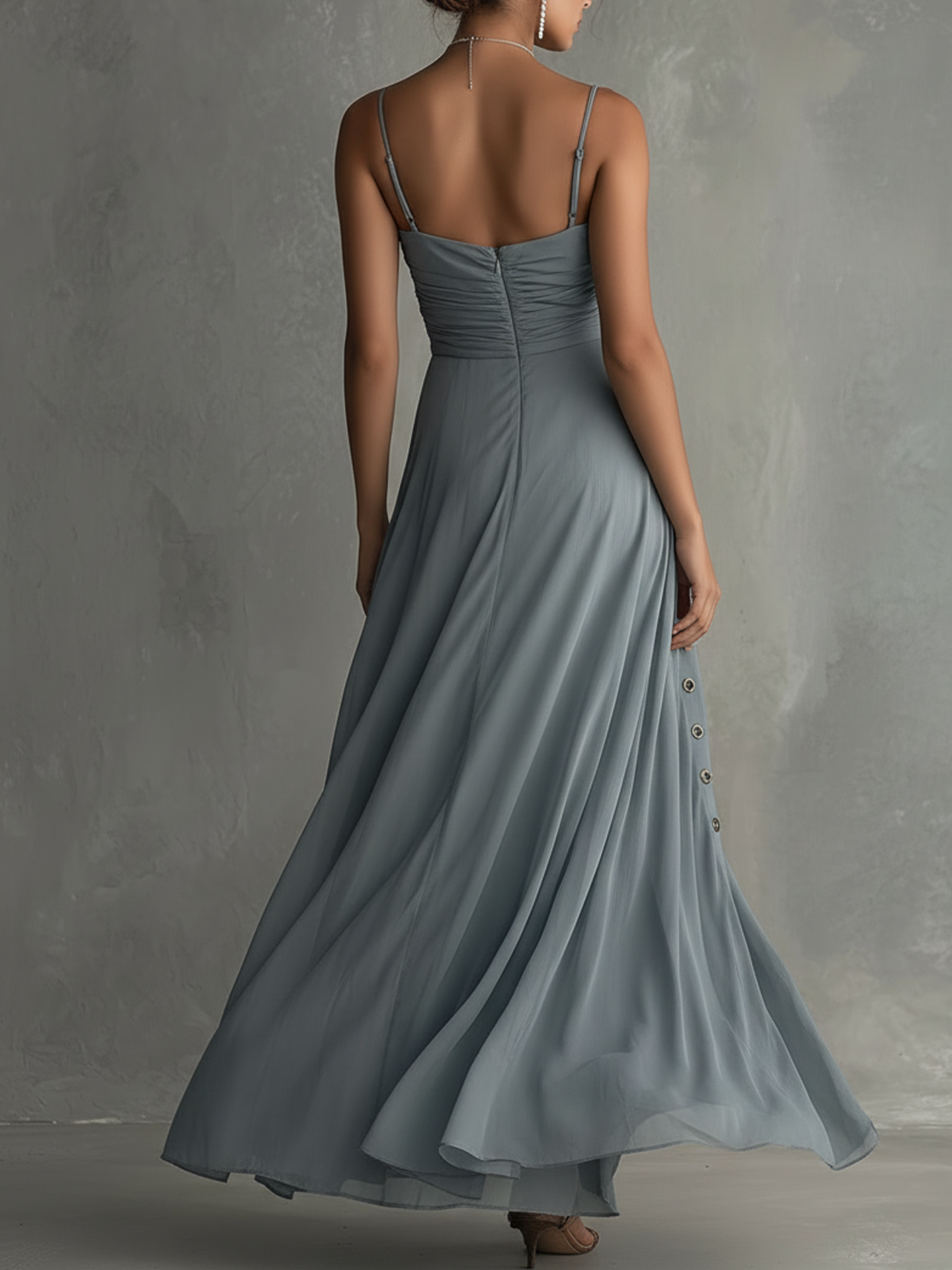 Smoky Blue 3D Floral Side Slit Chiffon Maxi Dress