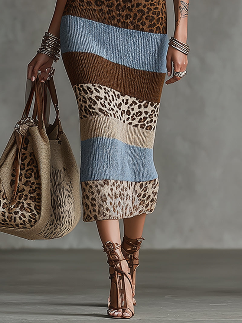 Leopard And Stripe Pattern Knit Bodycon Midi Dress With Keyhole Front