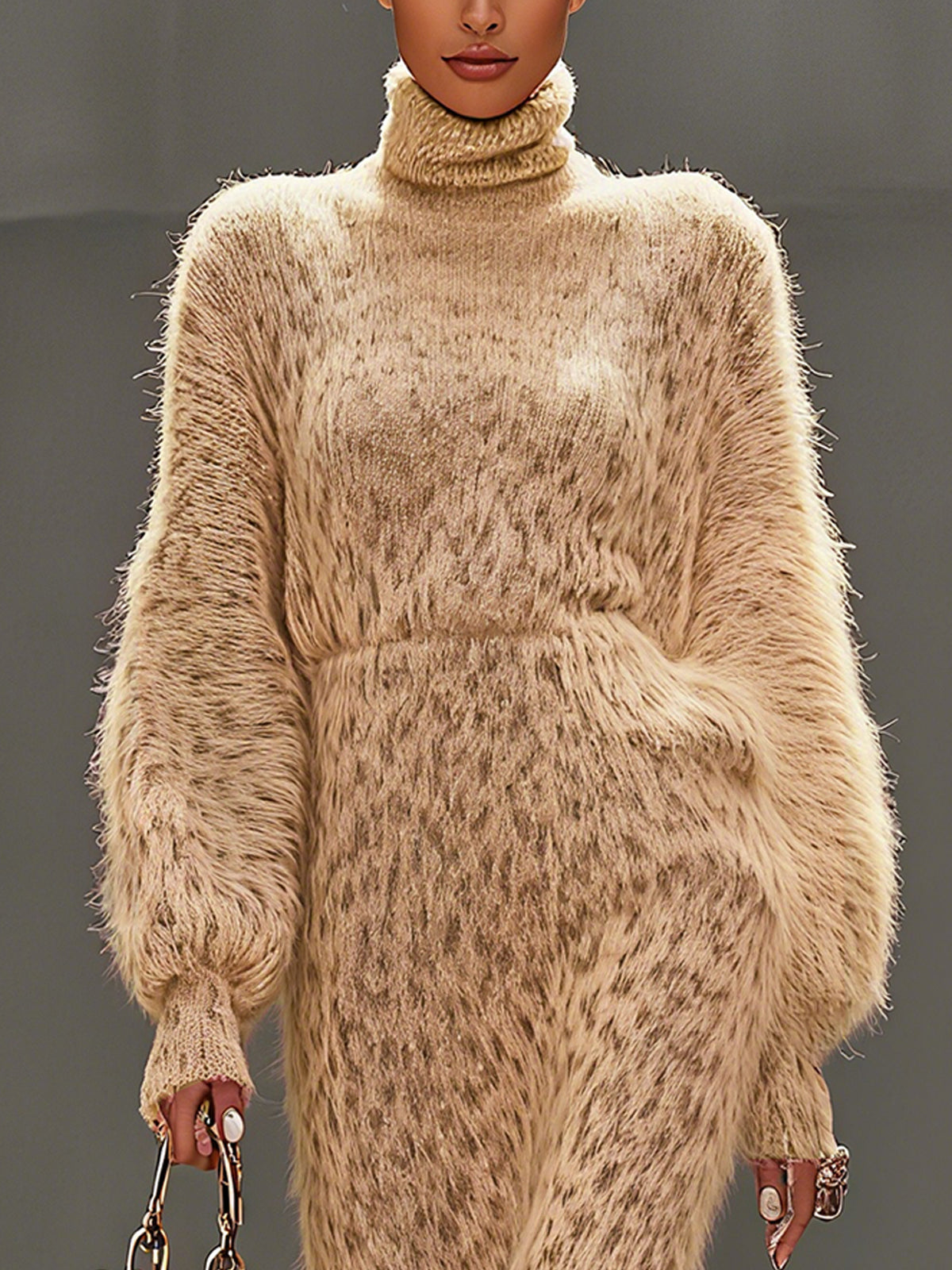 Beige Animal Print Knit Midi Dress