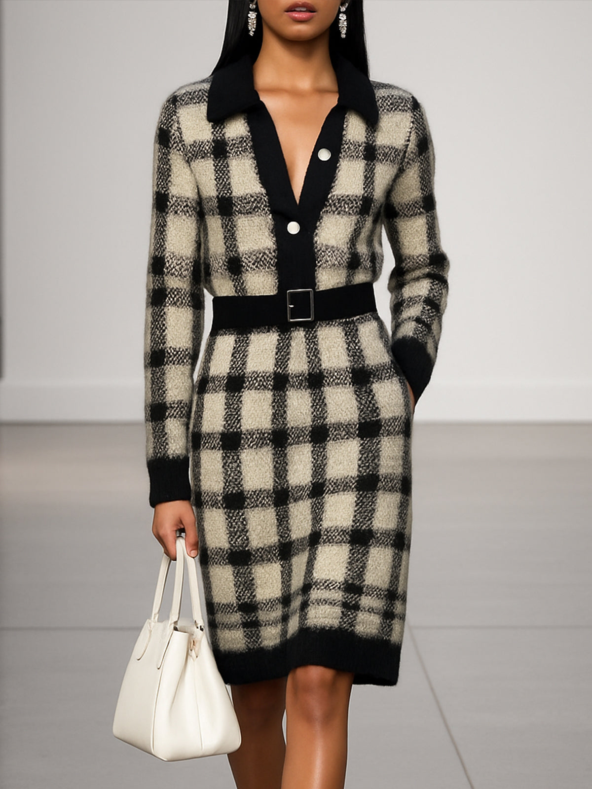 Plaid Knit Sweater Dress With Pocket
