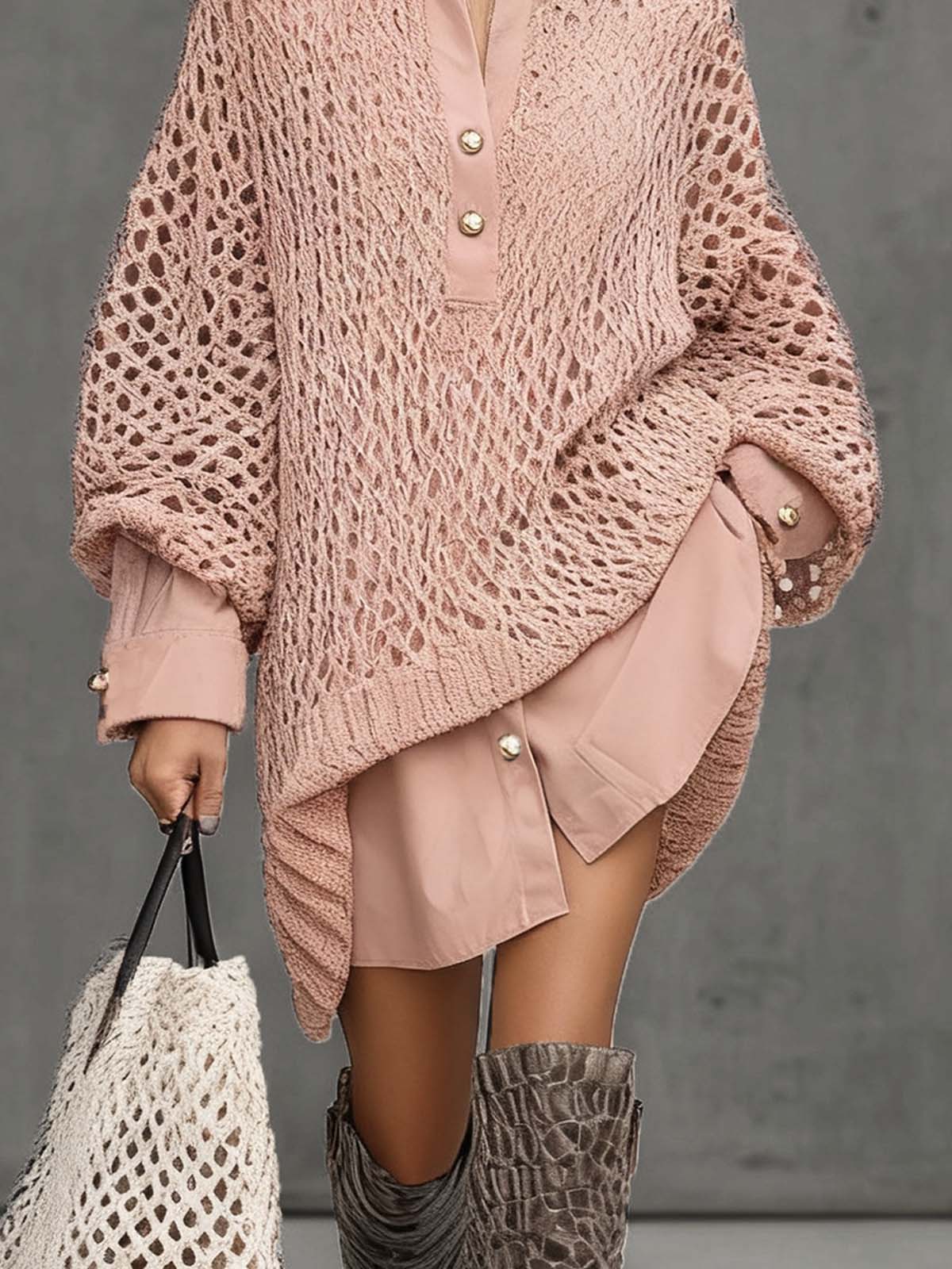Pink Crocheted Mesh Metal Button Double-Layer Mini Dress