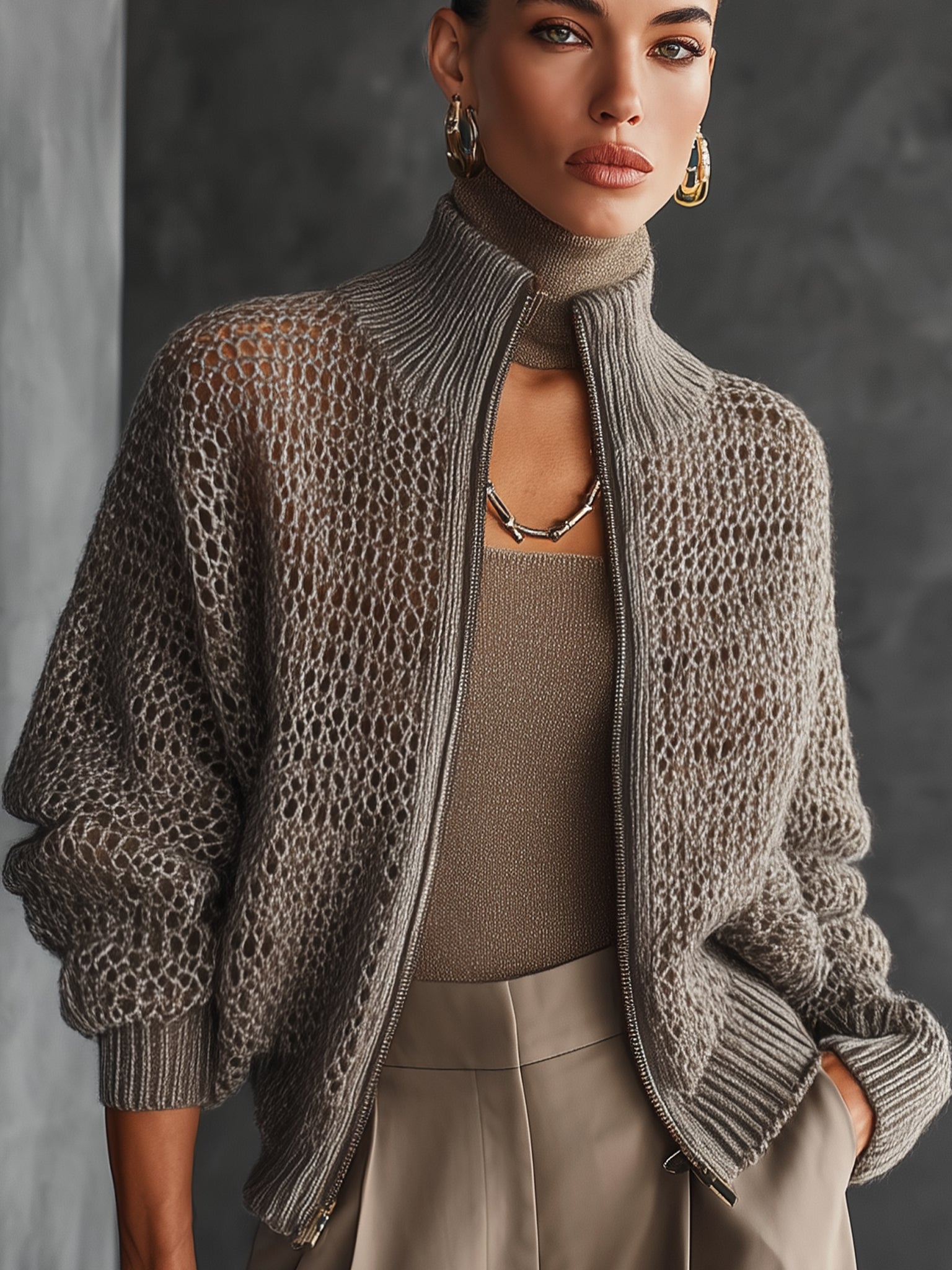 Taupe Mohair Knit Zippered Openwork Cardigan