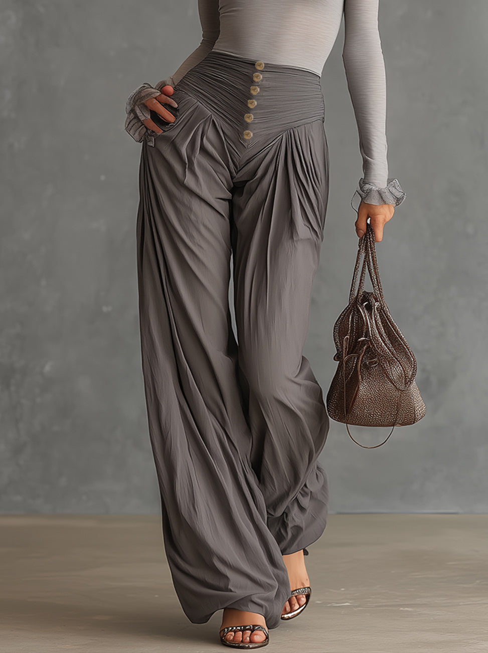 Gray One-Shoulder Mesh Top And High-Waisted Draped Button Pants Set