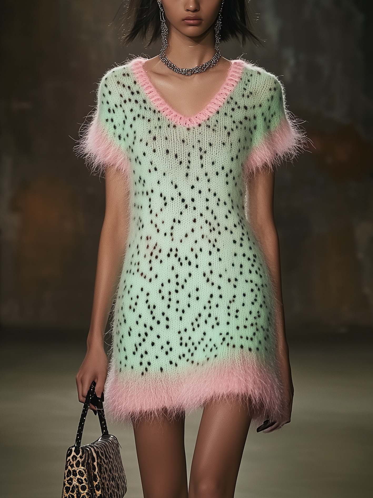 Green Knitted Mini Dress With Pink Mohair Trim And Leopard Print