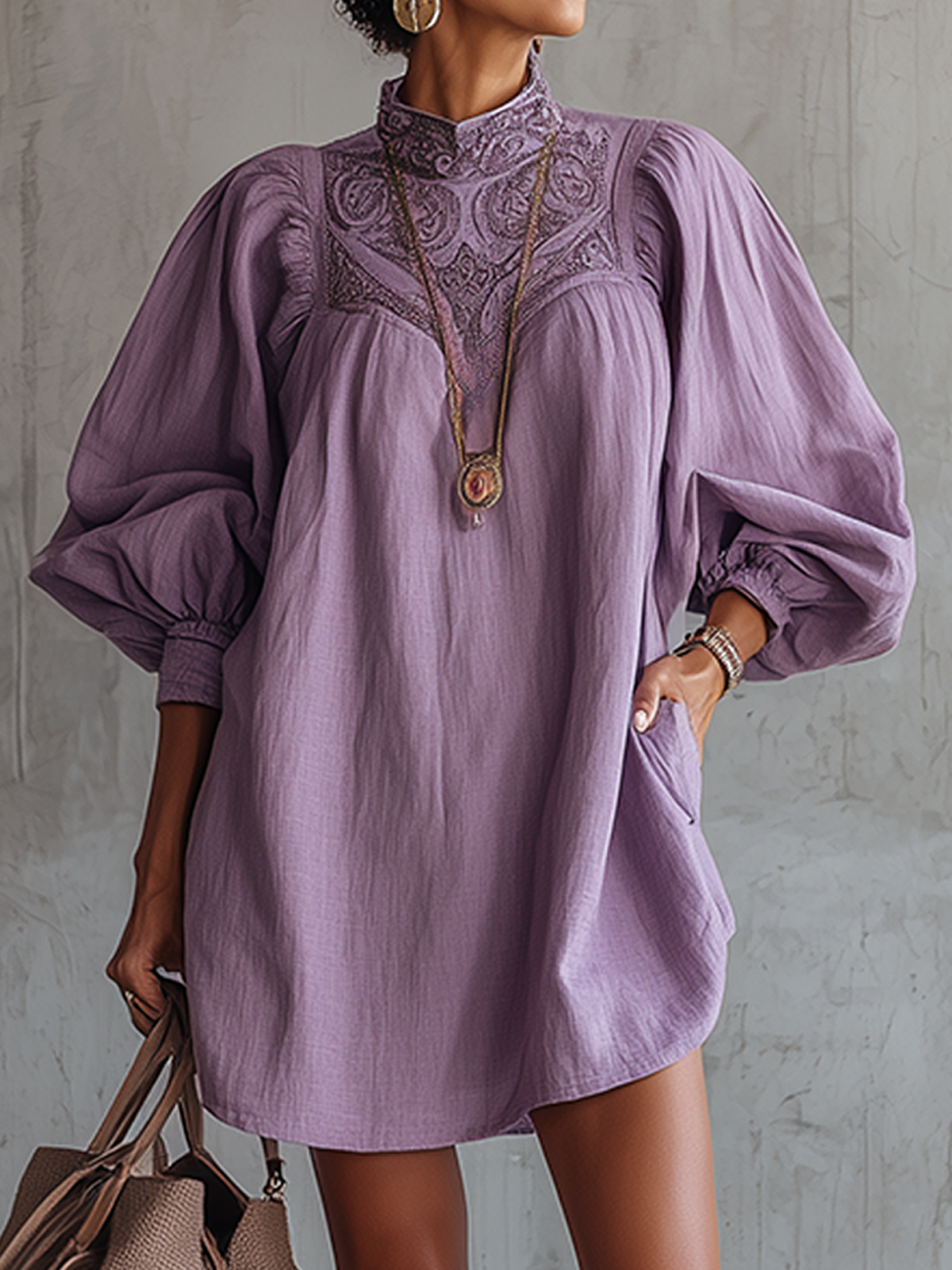 Purple Embroidered High-Neck Puff Sleeve Mini Dress