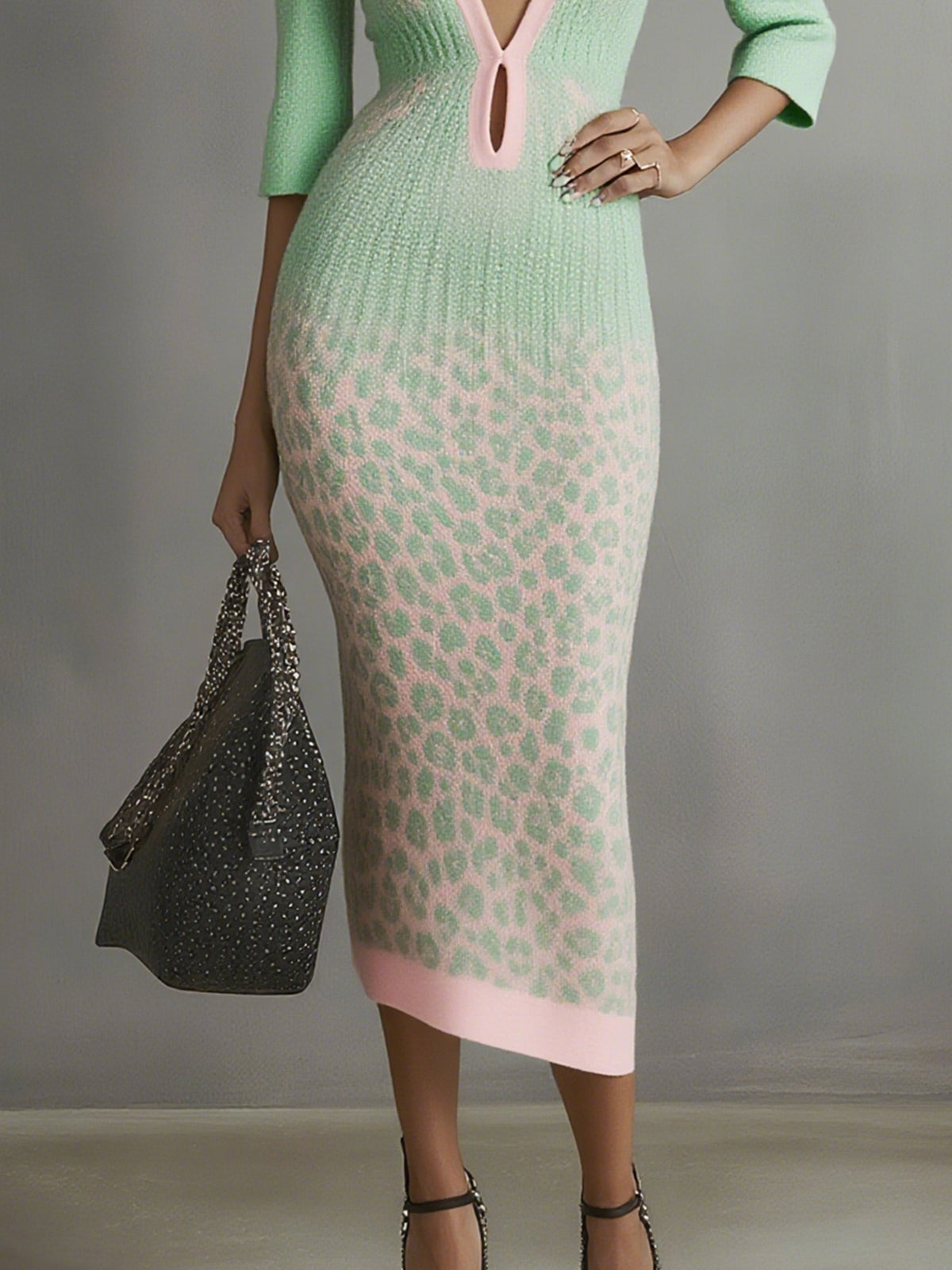 Mint Green And Pink Leopard Print Knit Midi Dres