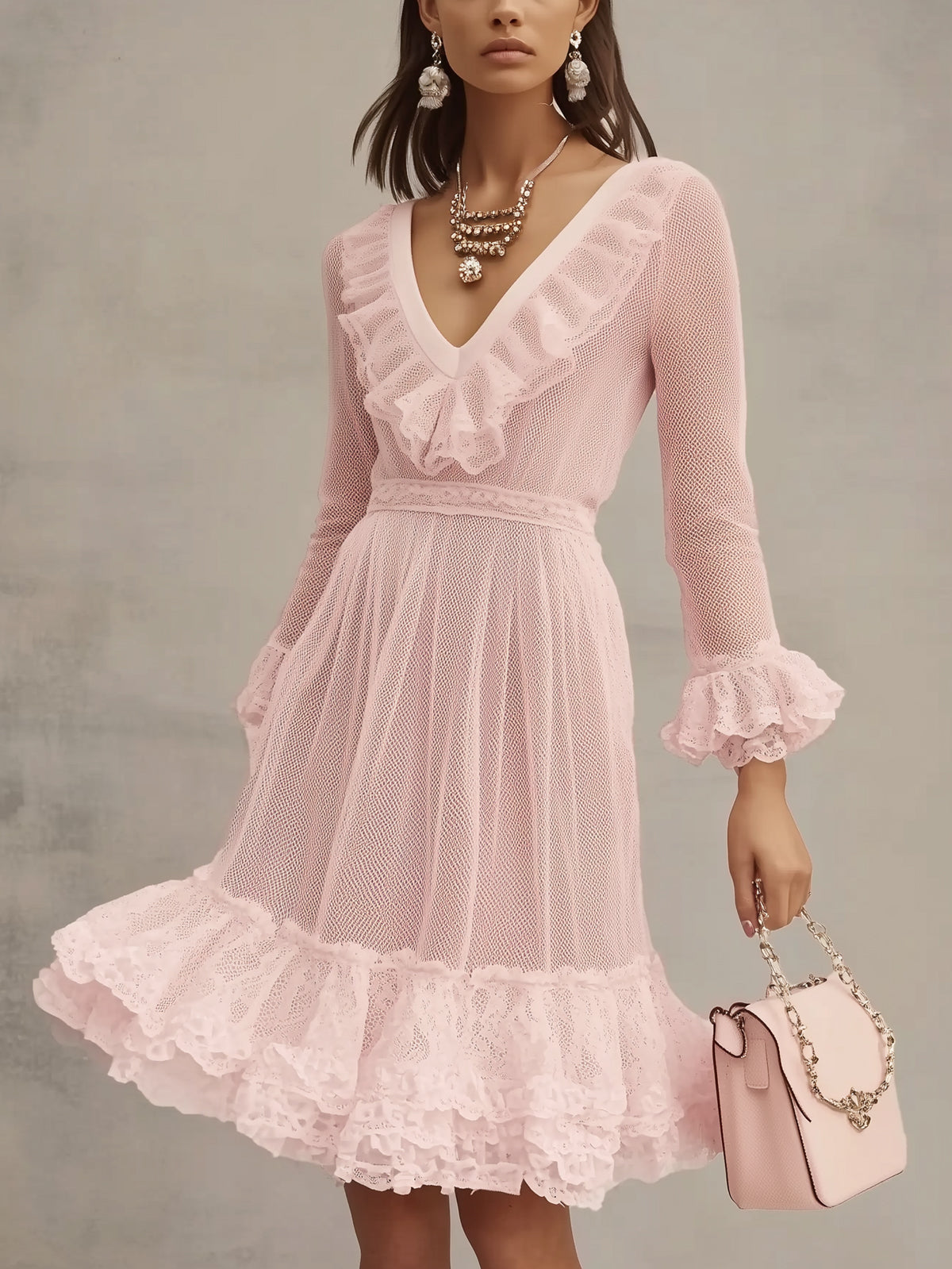 Pink Mesh Ruffle Trim V-Neck Long Sleeve Midi Dress