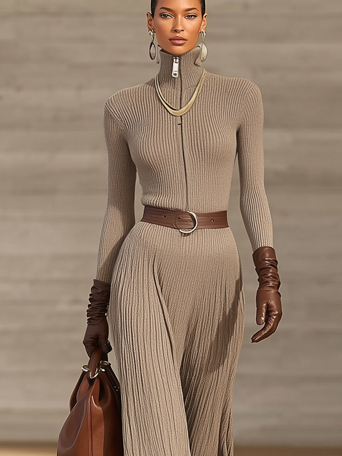 Taupe Zip Front Ribbed Knit  Midi Dress (Belt Included)