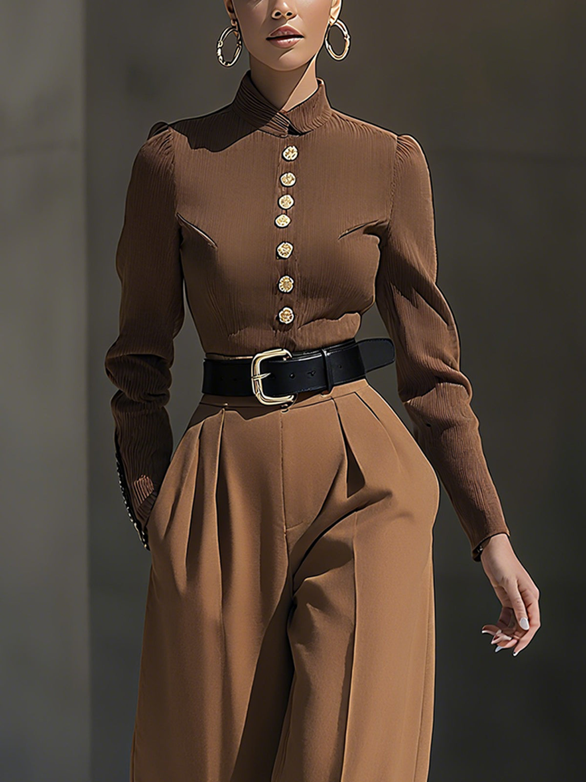 Brown Long-sleeved Top And Pants Set