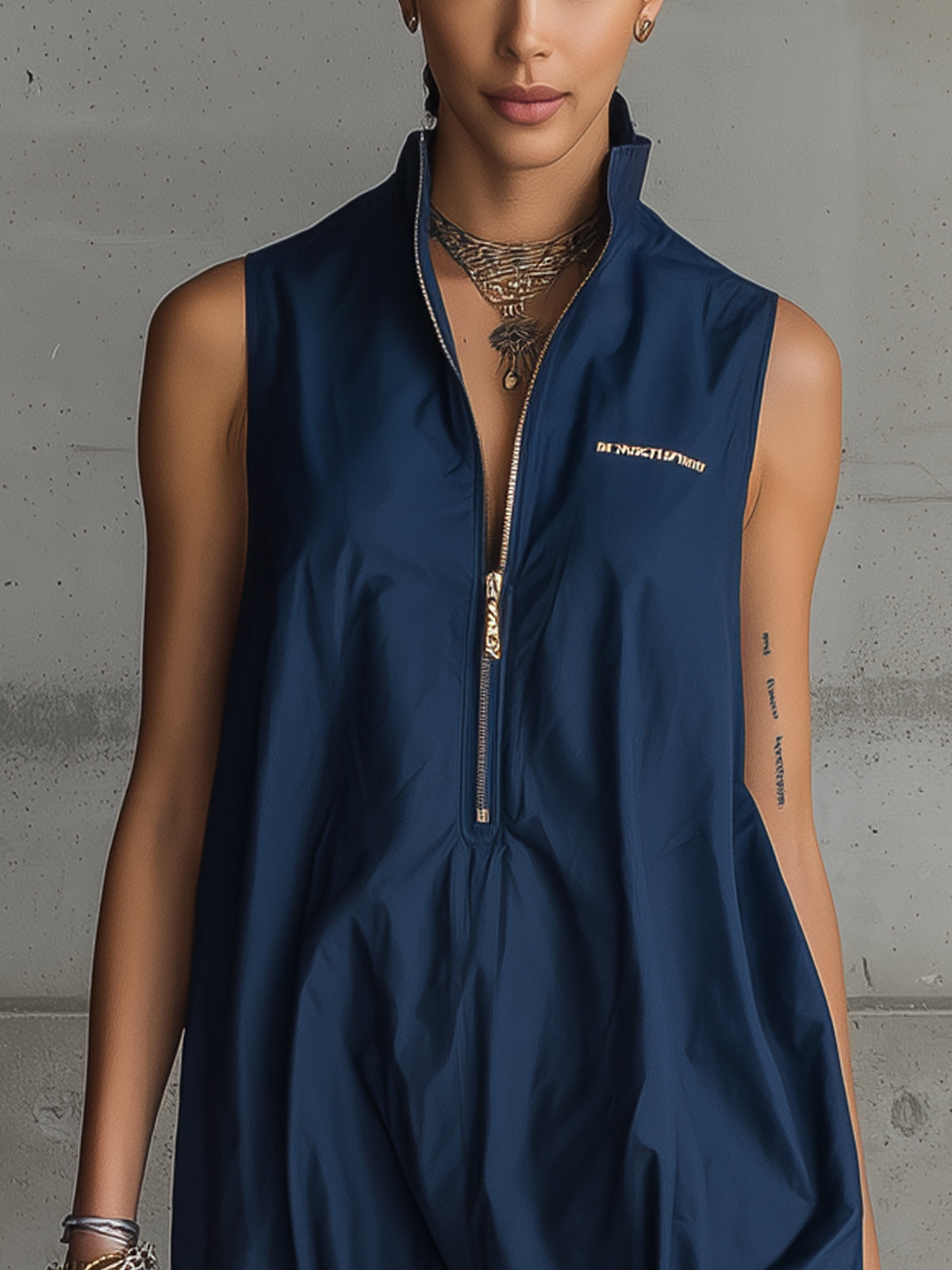 Navy Zip-Up Sleeveless High-Neck Bubble Mini Dress