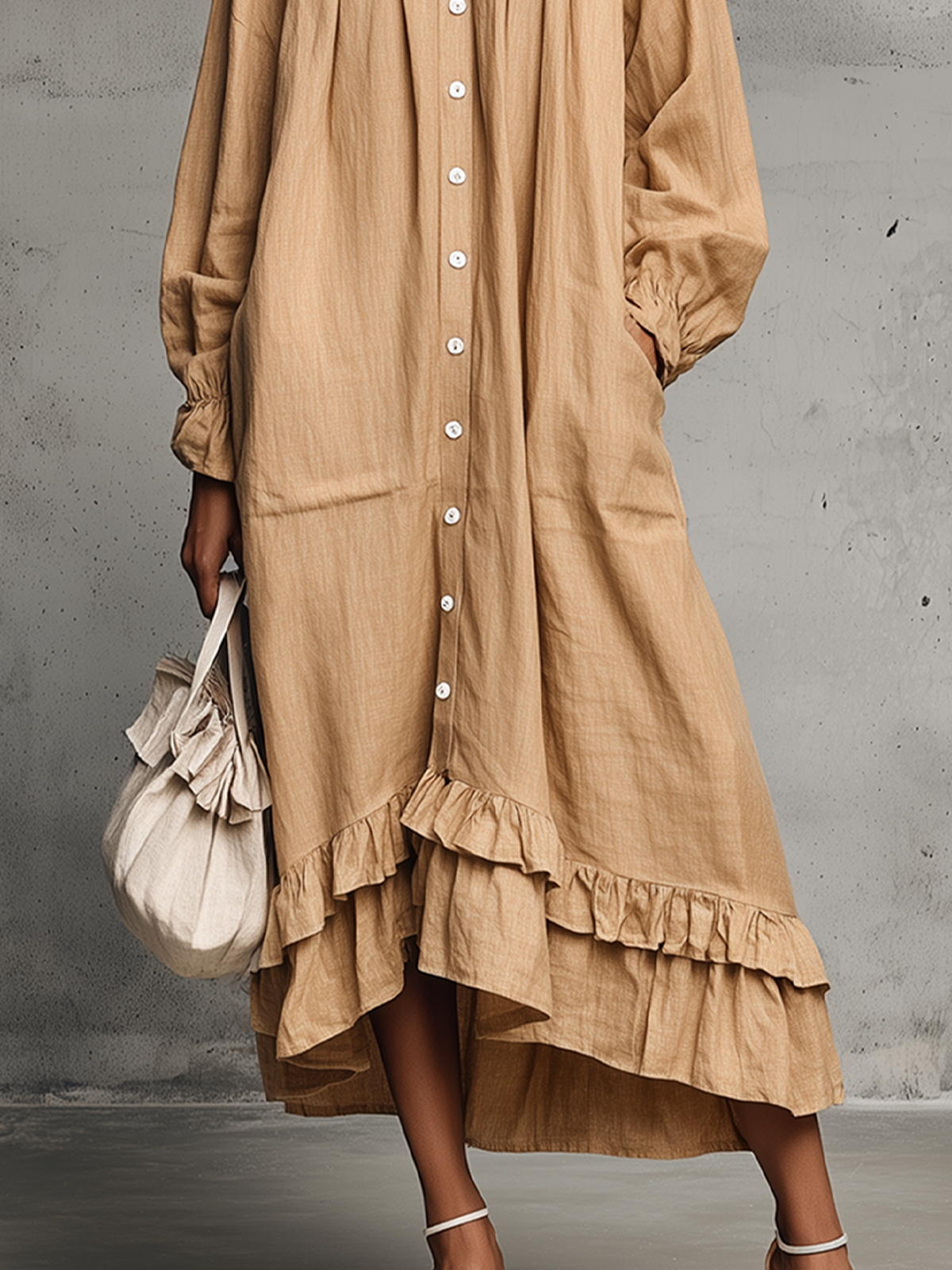Brown Ruffled Collar Button-Down Maxi Shirt Dress