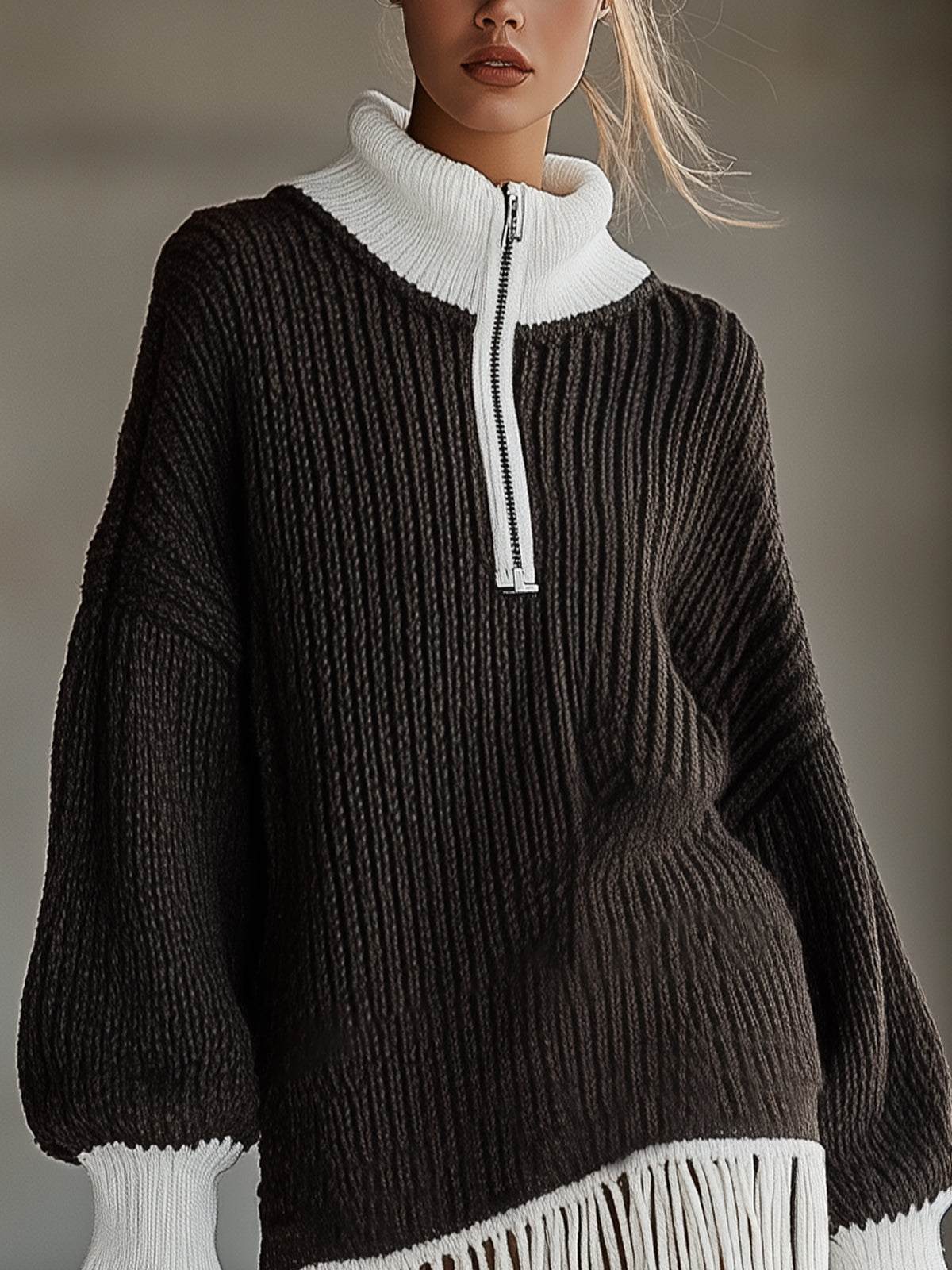 Black And White Knit Dress With Fringed Hem