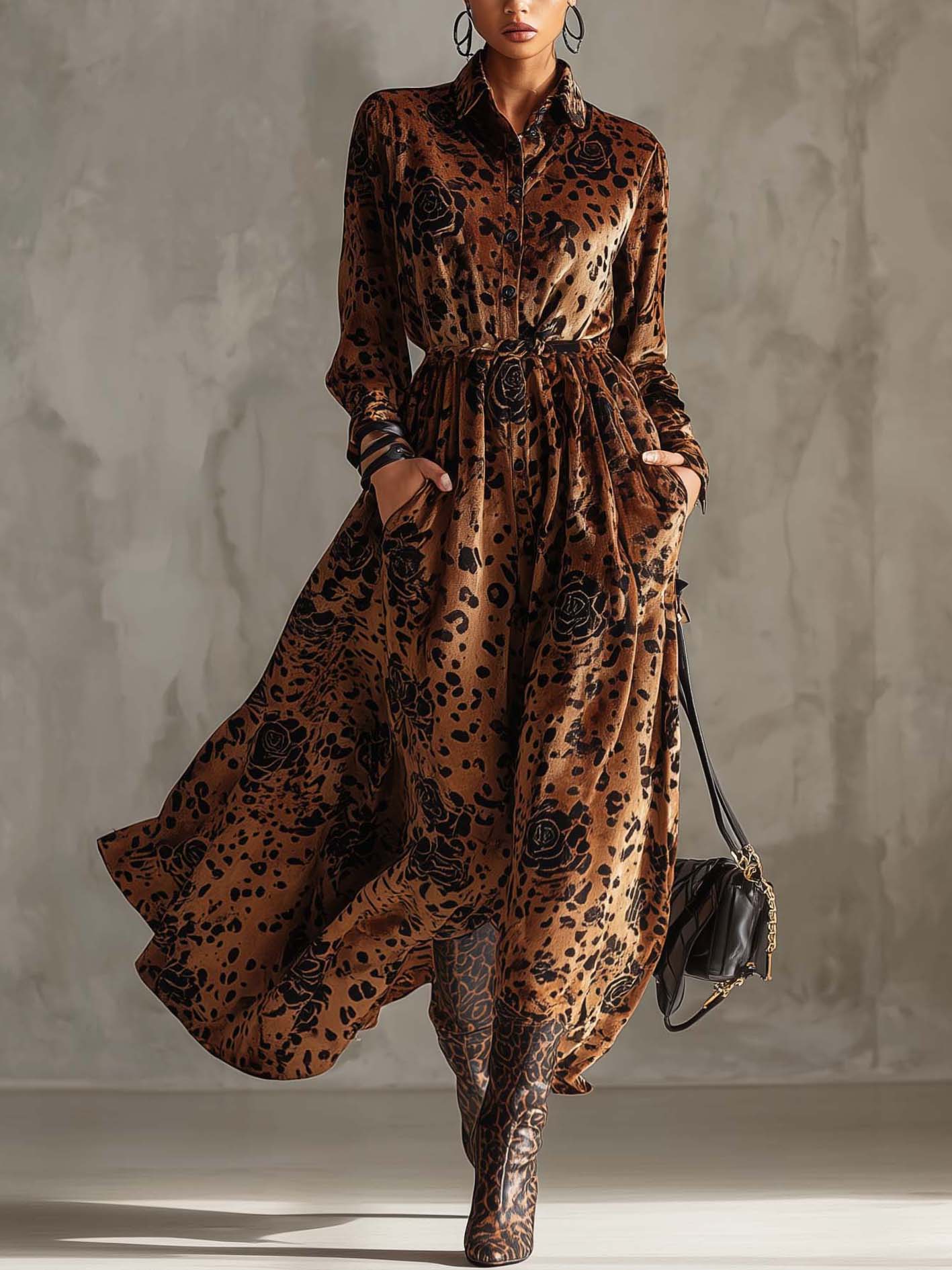 Brown Velvet Midi Dress With Leopard Print And Flowers