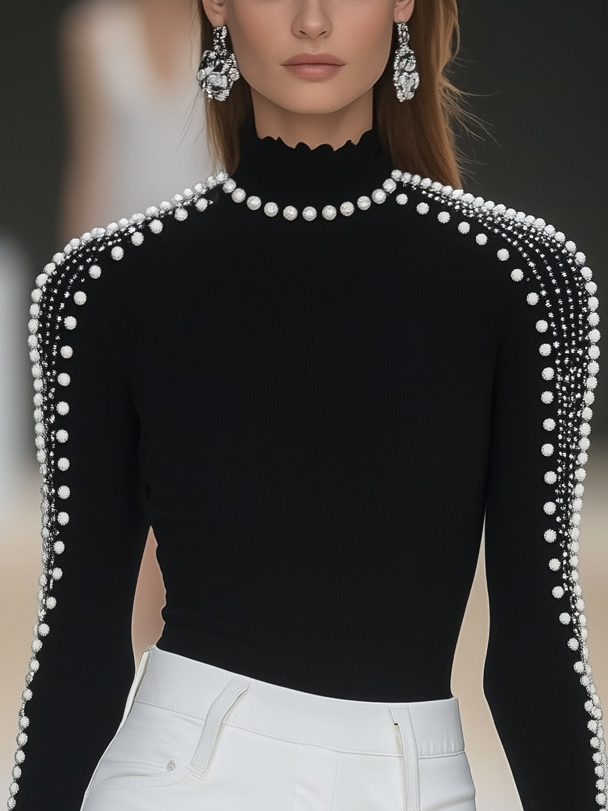 Black T-shirt With Pearl And Rhinestone Embellishments