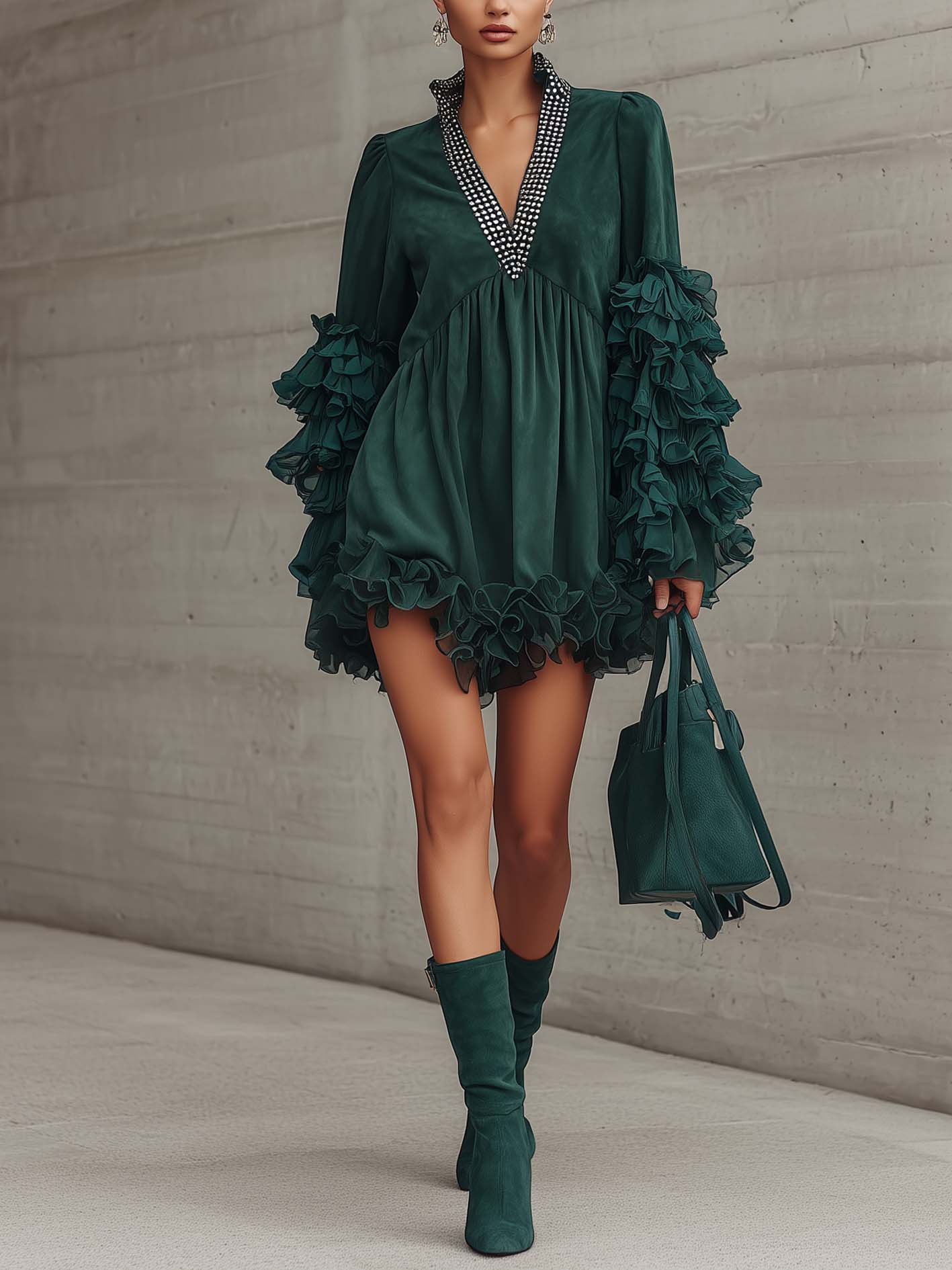 Deep Green Faux Suede Ruffle Mini Dress With Beaded V-Neck