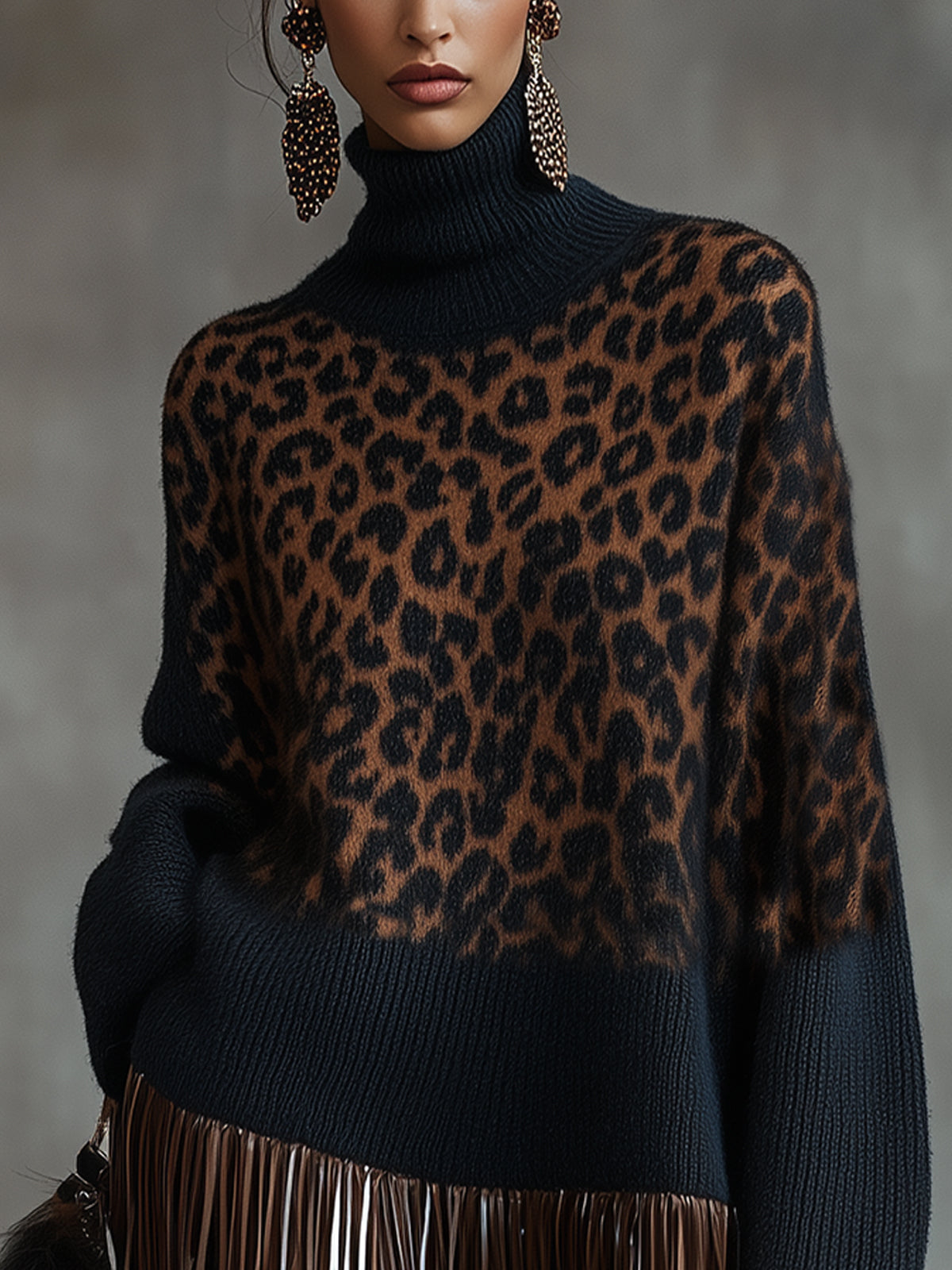 Dark Blue Fringe Leopard Turtleneck Knit Dress