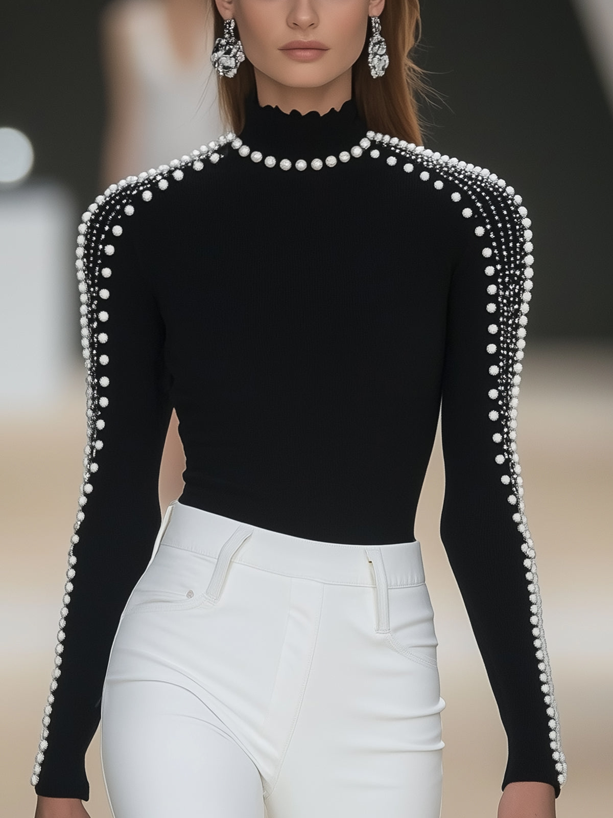 Black T-shirt With Pearl And Rhinestone Embellishments